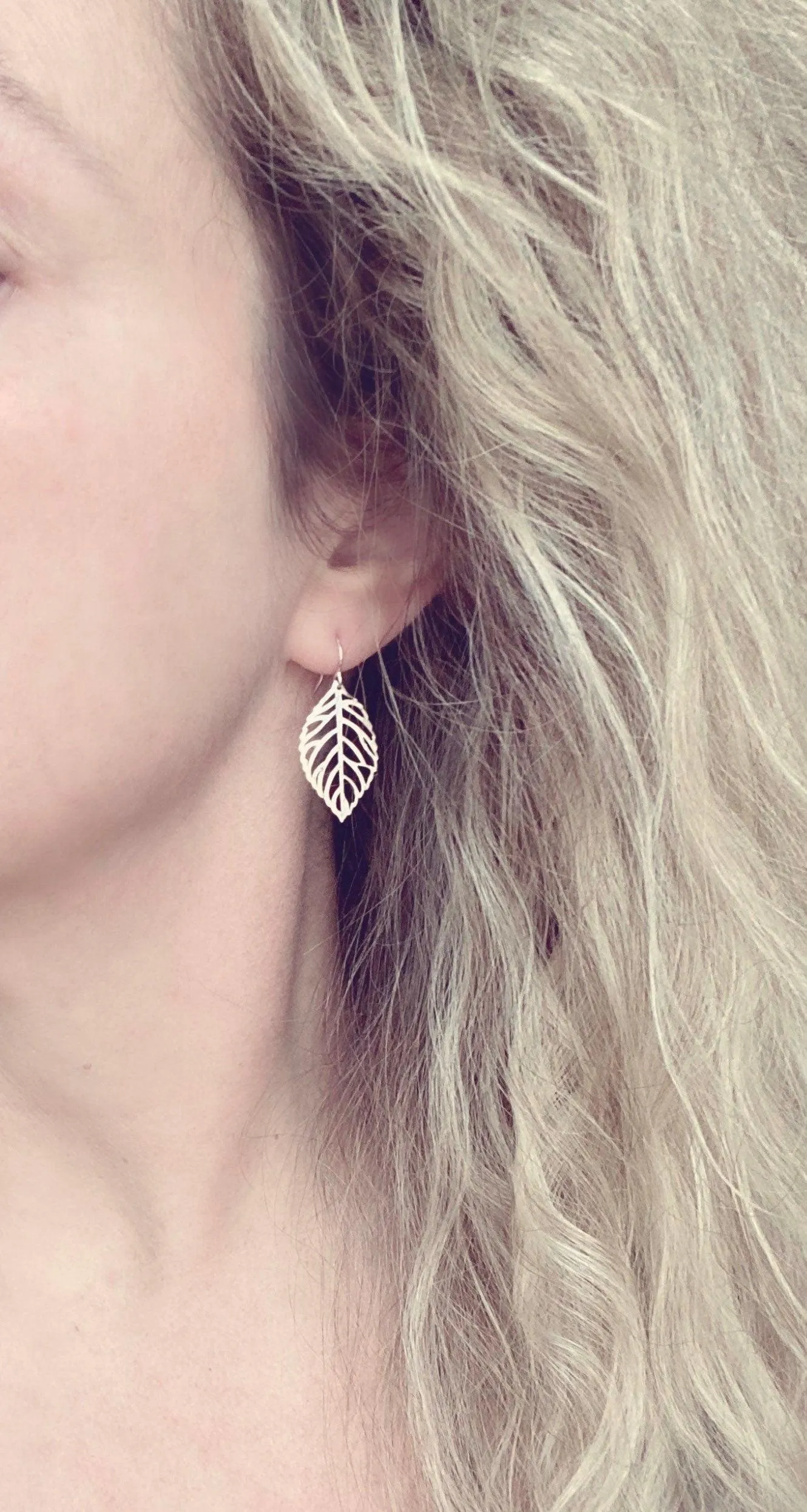 Silver Leaf Earrings - thin wispy modern outline filigree leaves - delicate cut out design - 14K SOLID GOLD or filled hook upgrade