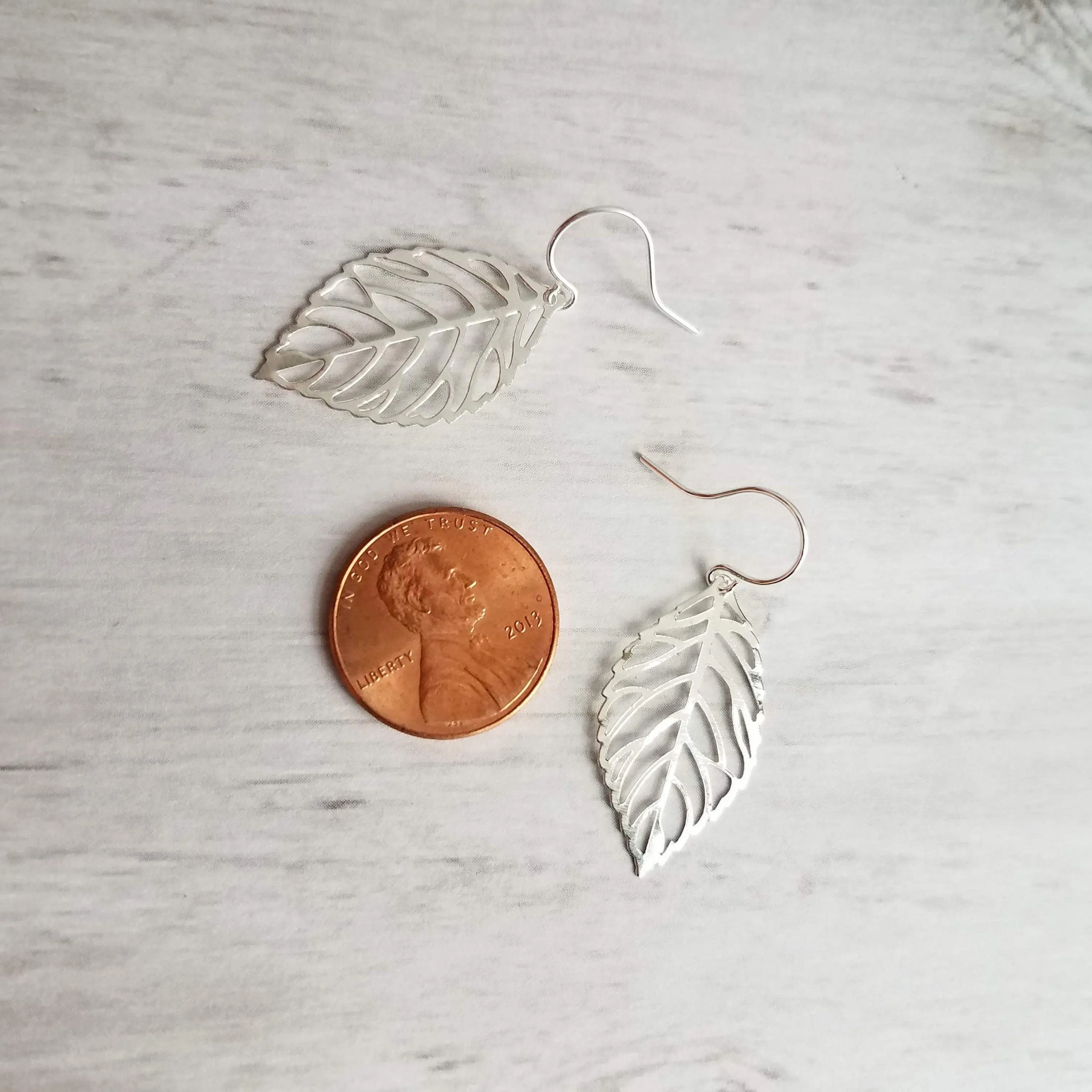 Silver Leaf Earrings - thin wispy modern outline filigree leaves - delicate cut out design - 14K SOLID GOLD or filled hook upgrade