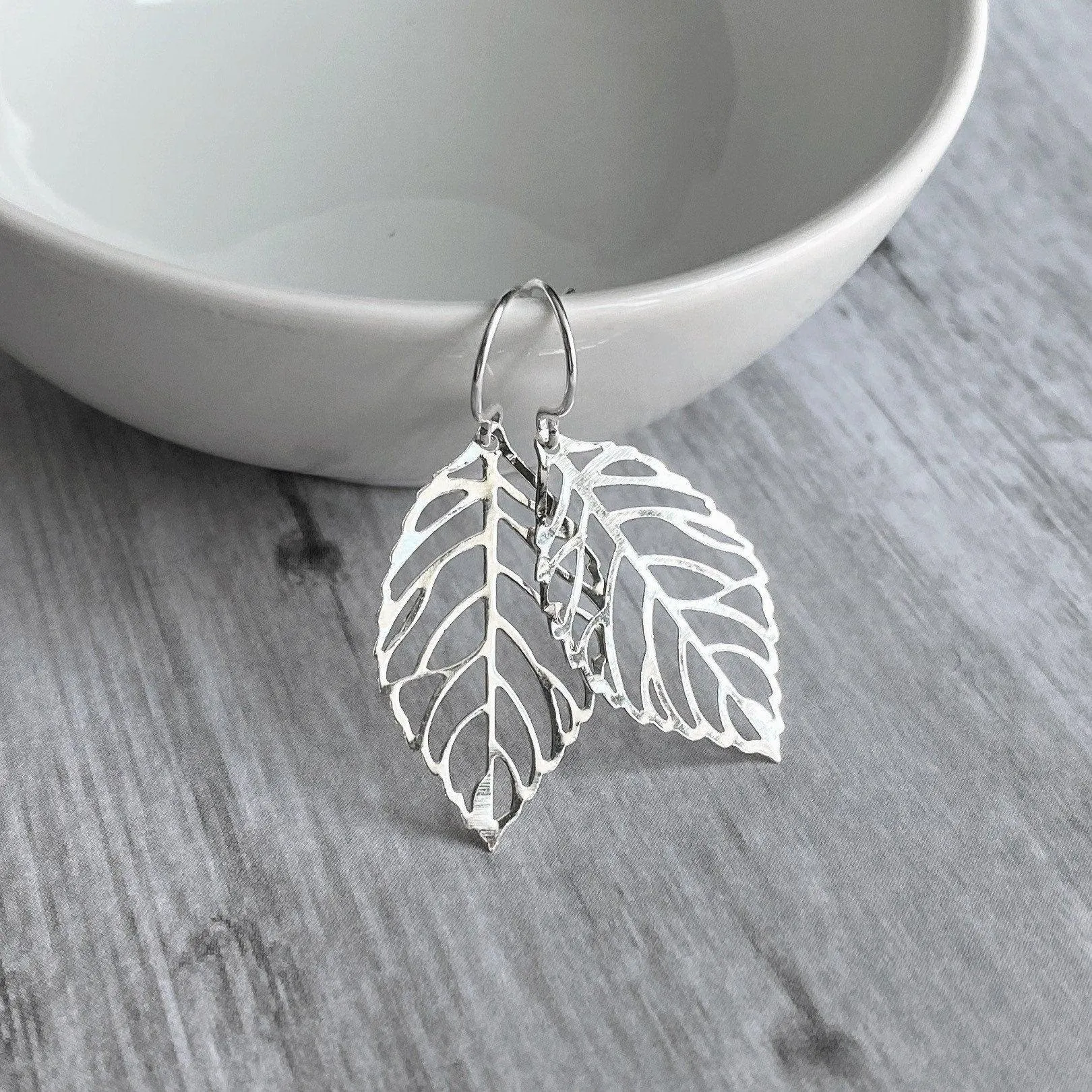 Silver Leaf Earrings - thin wispy modern outline filigree leaves - delicate cut out design - 14K SOLID GOLD or filled hook upgrade