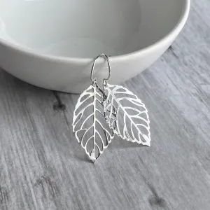 Silver Leaf Earrings - thin wispy modern outline filigree leaves - delicate cut out design - 14K SOLID GOLD or filled hook upgrade