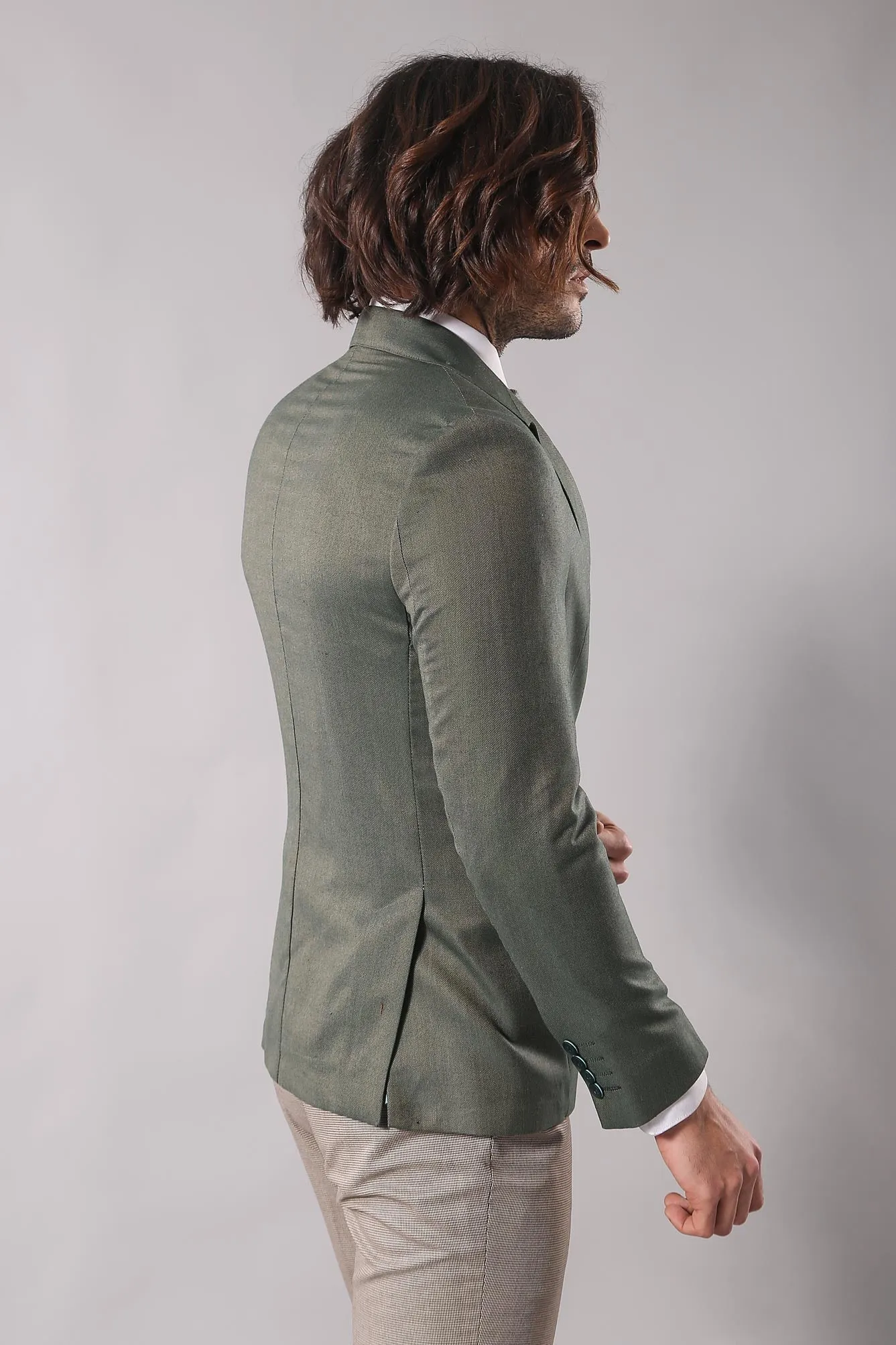Single Button Half Liner Pointed Collar Green Jacket-Wessi