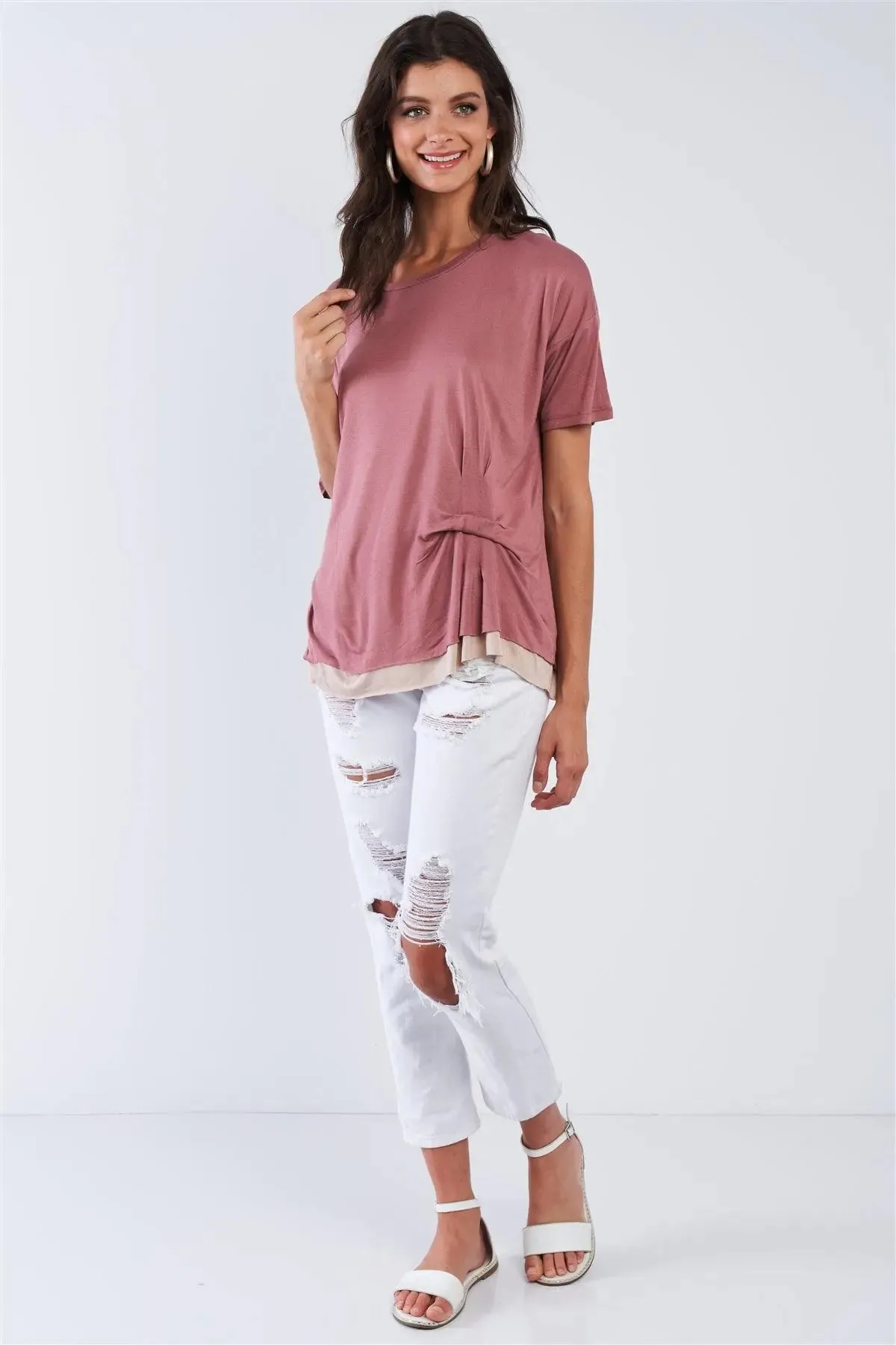 Smoke Rose Layered Soft Loose Fit Short Sleeve Top With One Sided Cinched Seam