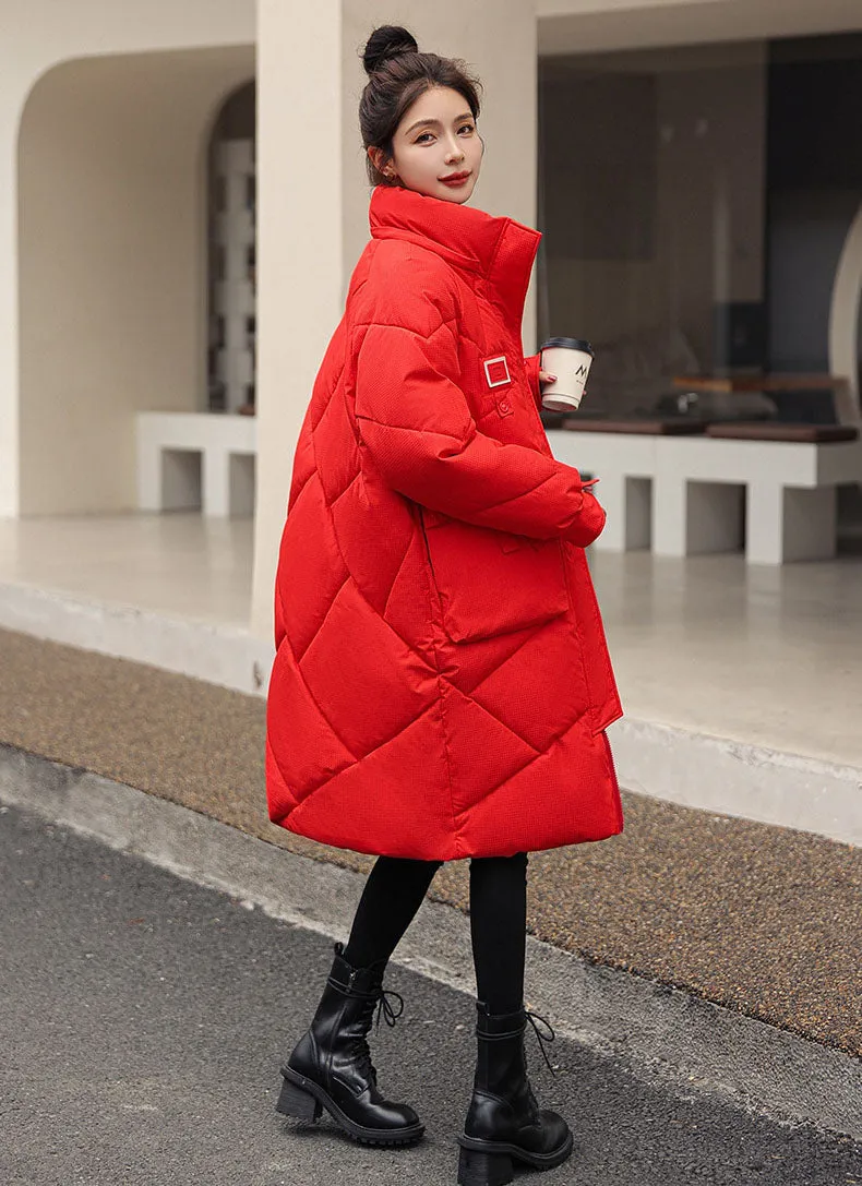 Solid Thickened Quilted Puffer Coat with Full Zip Closure
