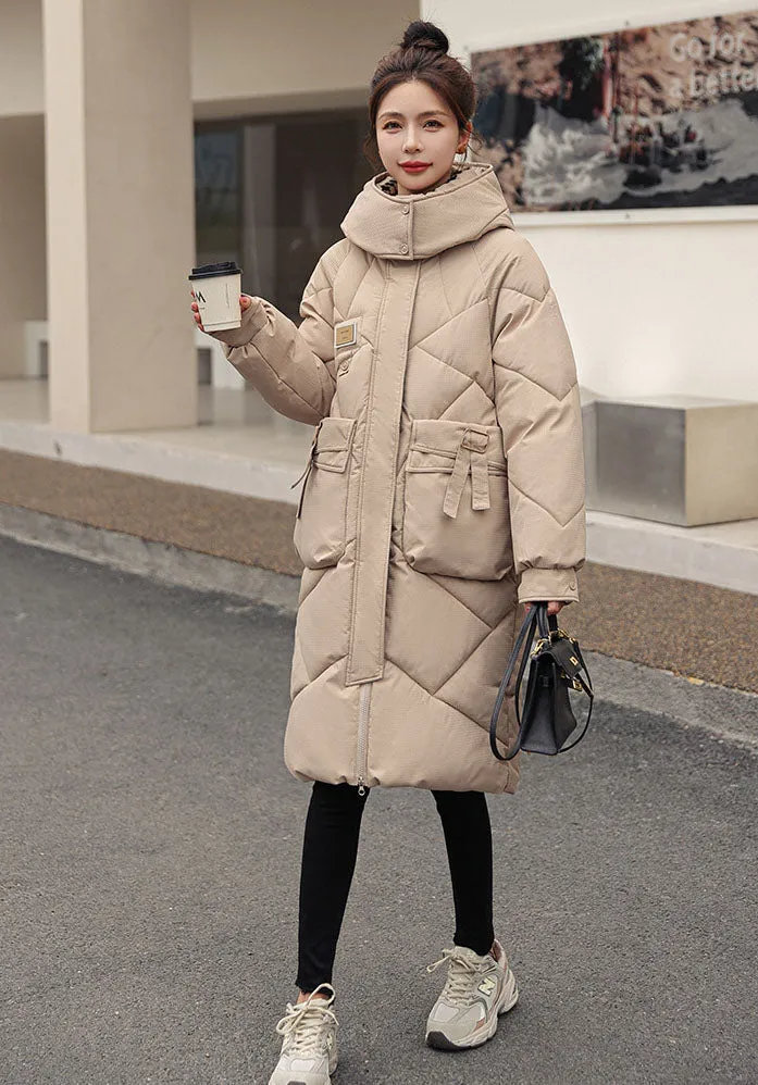 Solid Thickened Quilted Puffer Coat with Full Zip Closure