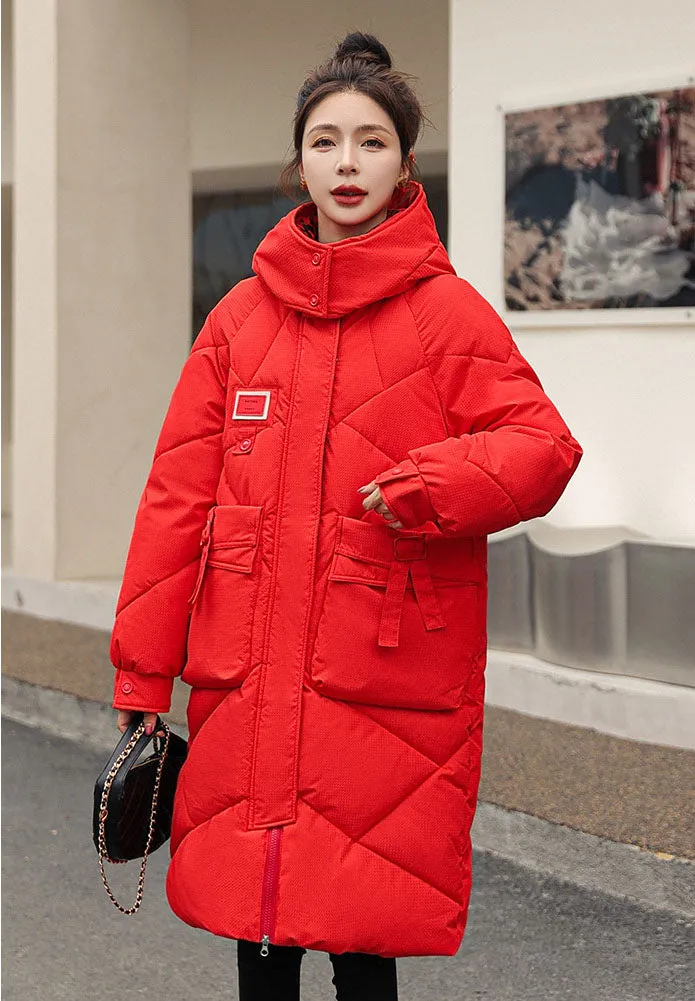 Solid Thickened Quilted Puffer Coat with Full Zip Closure