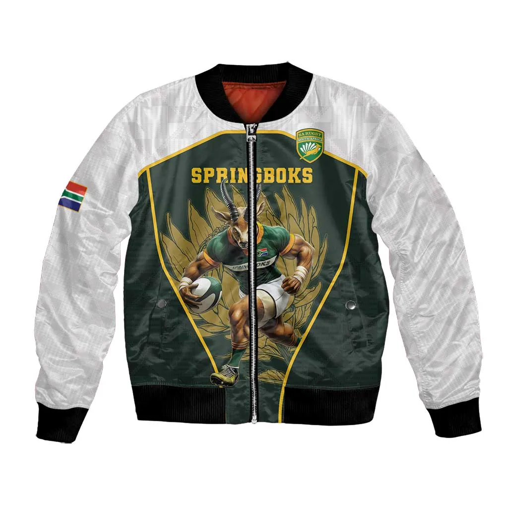 South Africa Rugby Personalised Bomber Jacket Springboks Mascot With King Protea -  African Pattern LT15