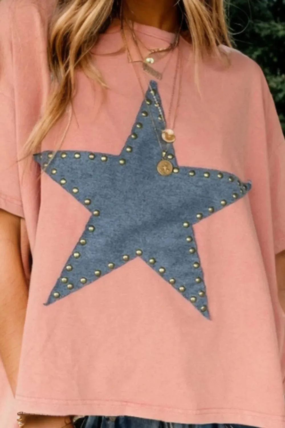 Studded Star Round Neck Short Sleeve T-Shirt for Women