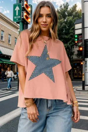 Studded Star Round Neck Short Sleeve T-Shirt for Women
