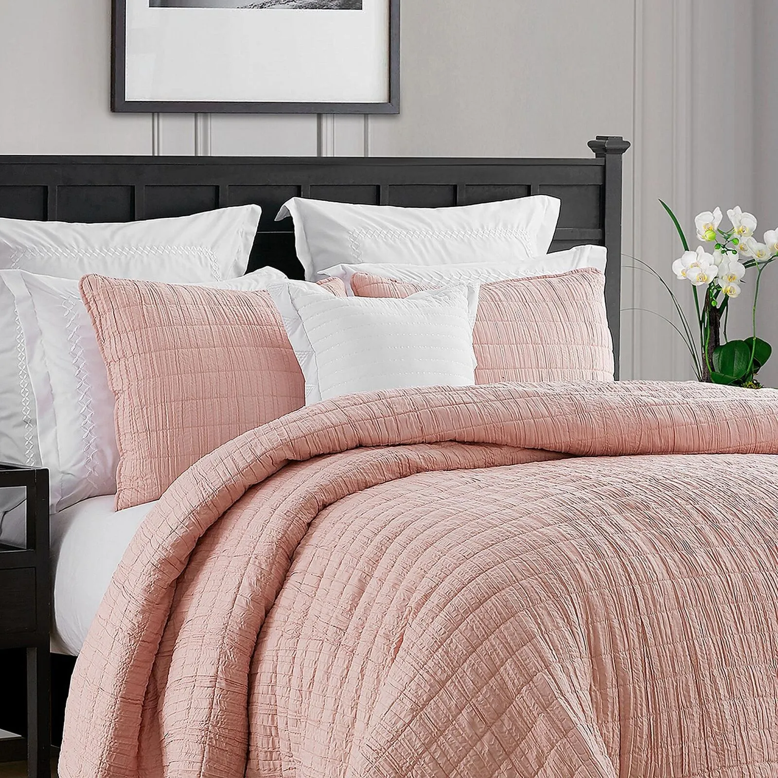 Swift Home Lightweight Oversized Crinkle Quilt Bedspread Set Pink King Cal King