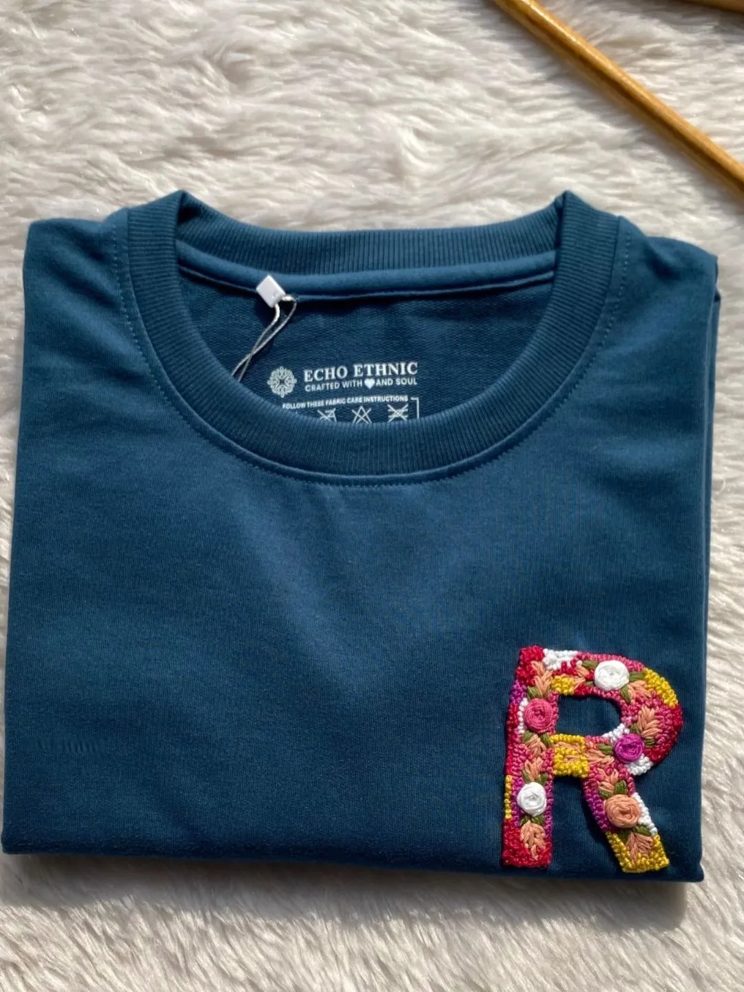 Teal Blue - Unisex Hand Embroidered Oversize T-Shirt