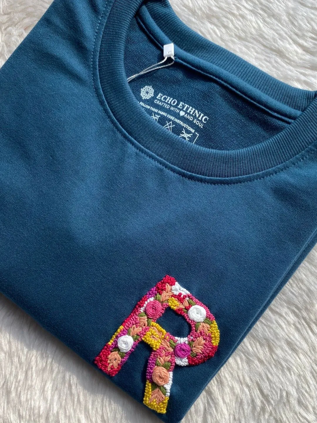 Teal Blue - Unisex Hand Embroidered Oversize T-Shirt