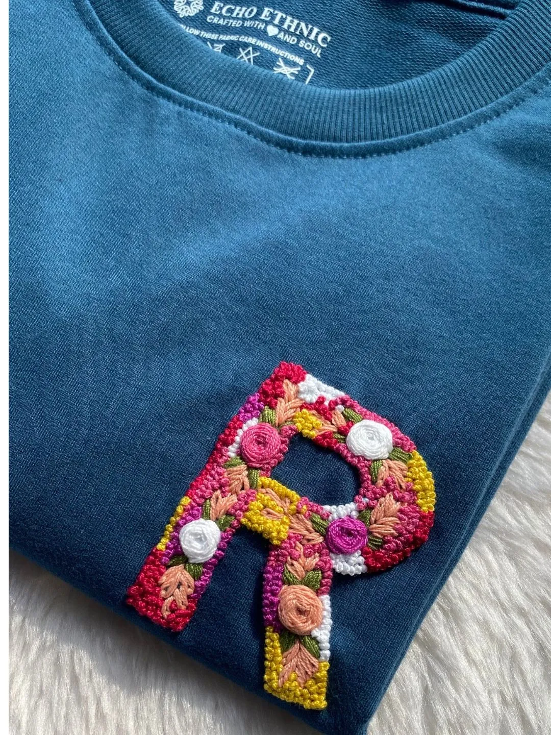 Teal Blue - Unisex Hand Embroidered Oversize T-Shirt