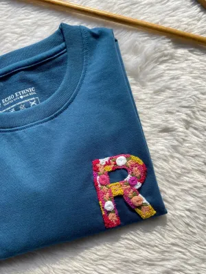 Teal Blue - Unisex Hand Embroidered Oversize T-Shirt