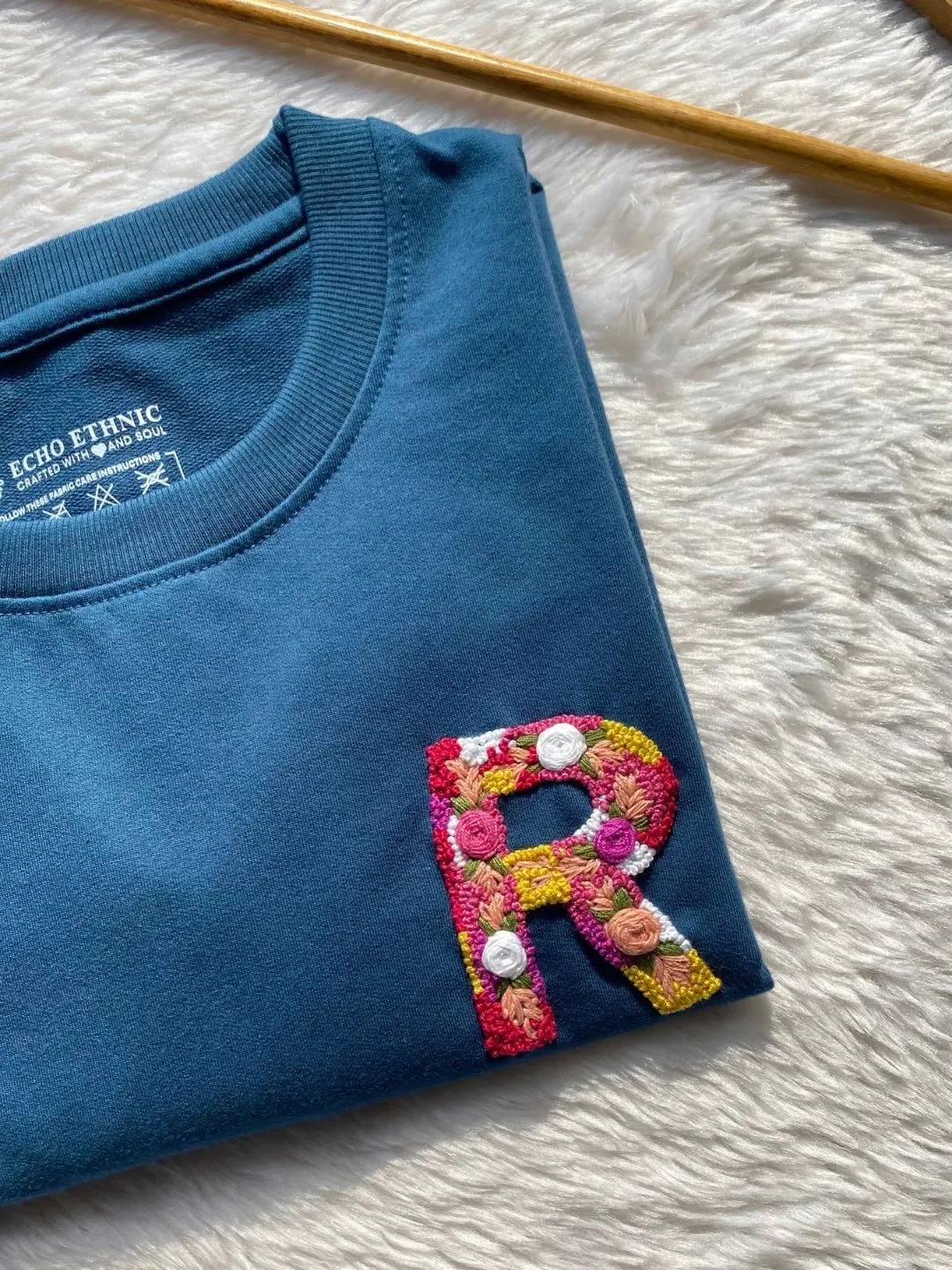 Teal Blue - Unisex Hand Embroidered Oversize T-Shirt