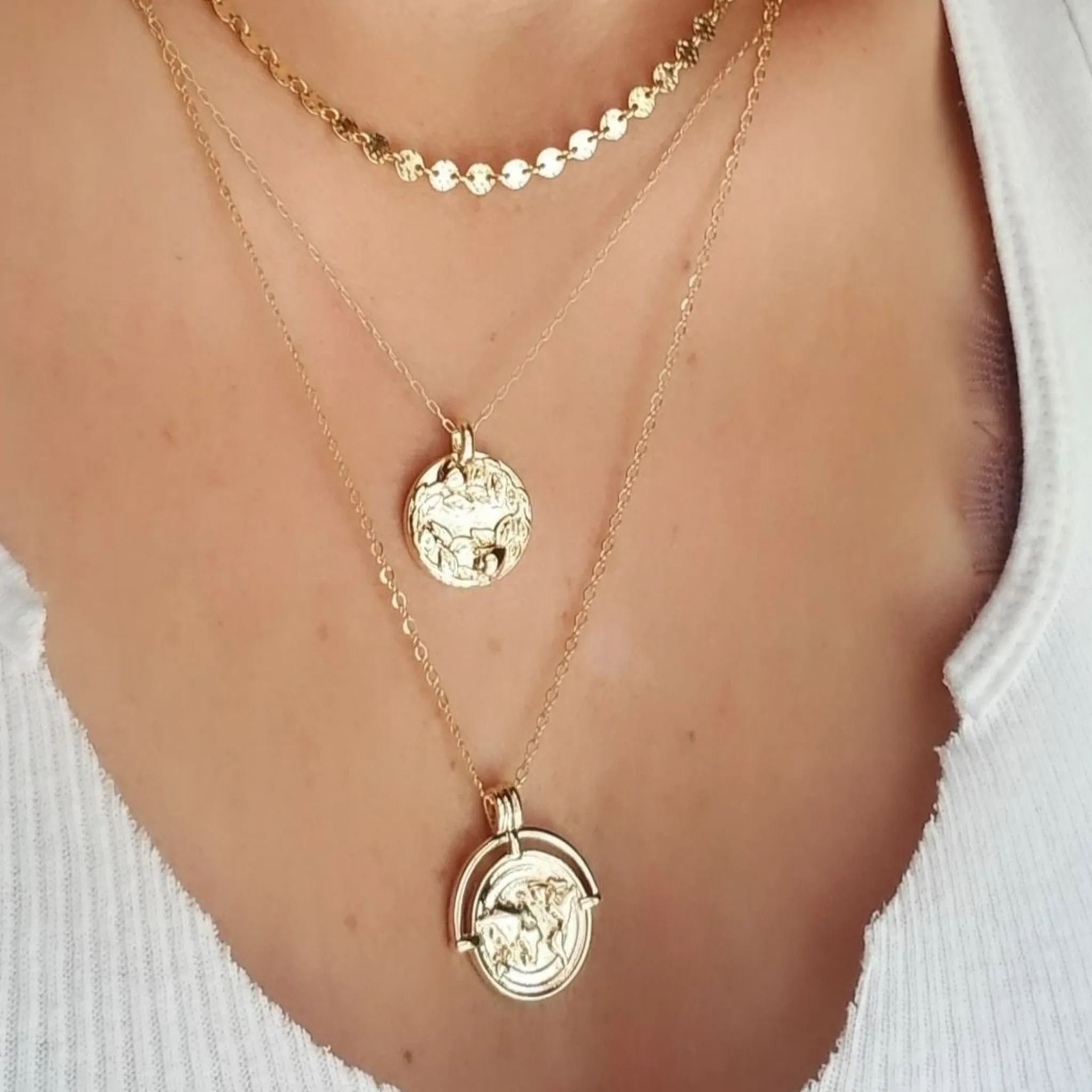 The "Aleecia" - Globe World Traveler Coin Disc Necklace - Sterling or Gold