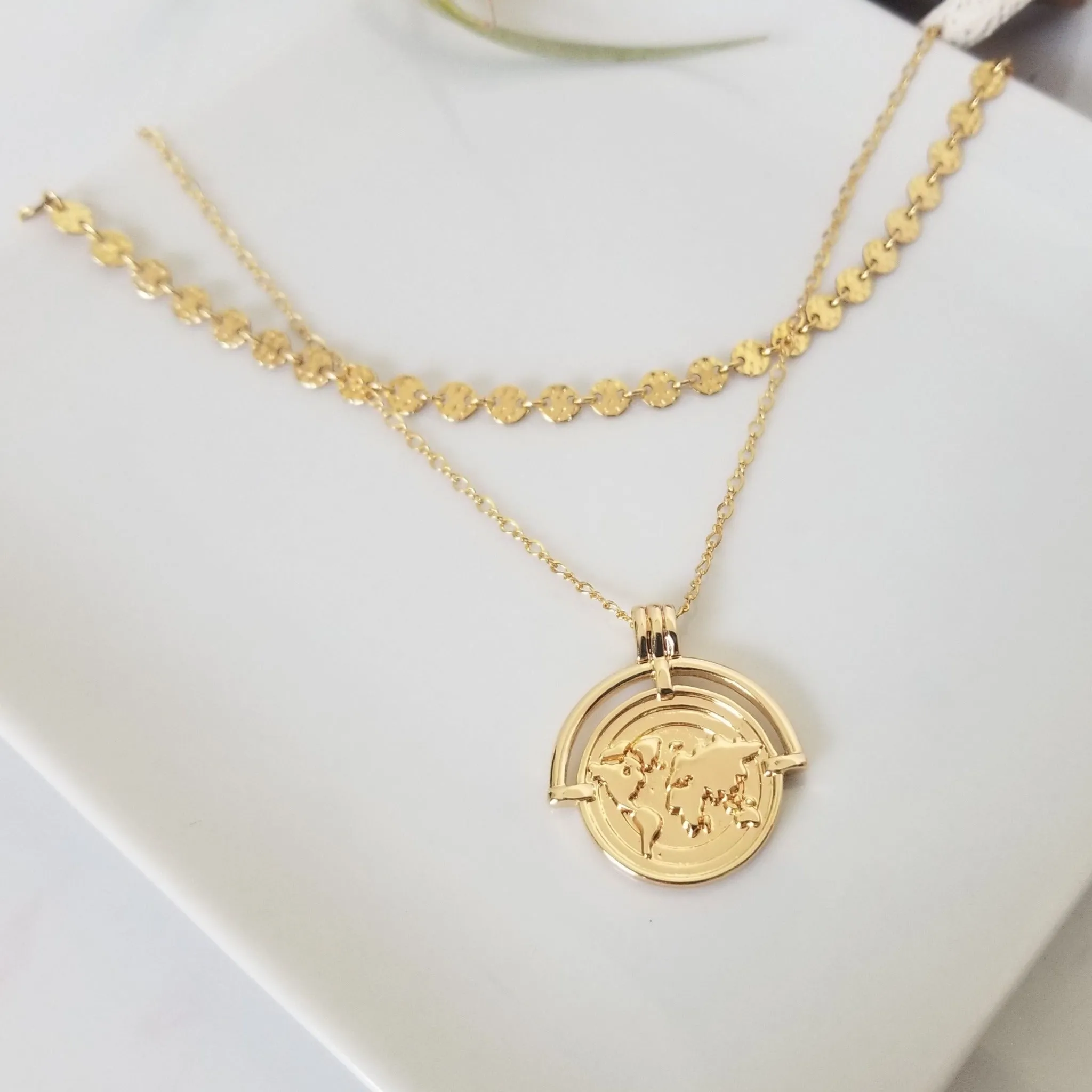 The "Aleecia" - Globe World Traveler Coin Disc Necklace - Sterling or Gold