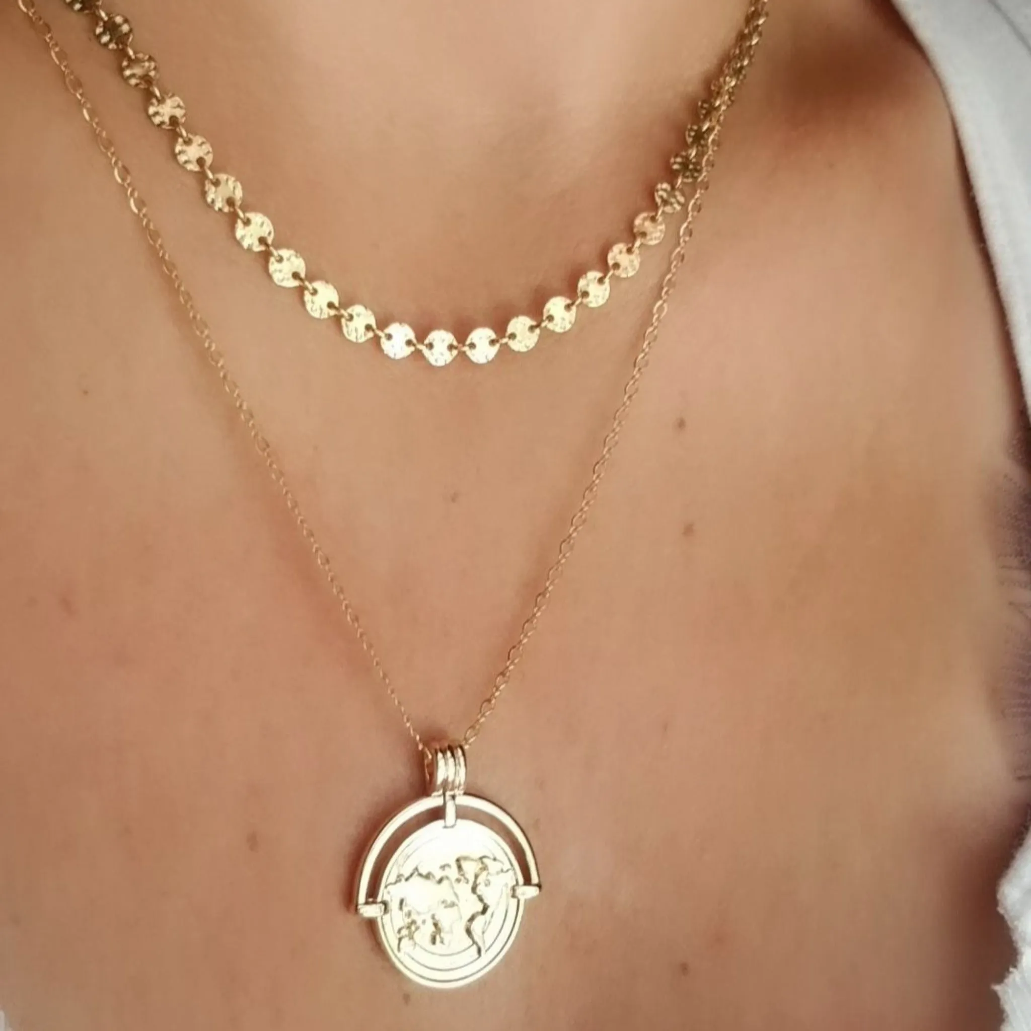 The "Aleecia" - Globe World Traveler Coin Disc Necklace - Sterling or Gold