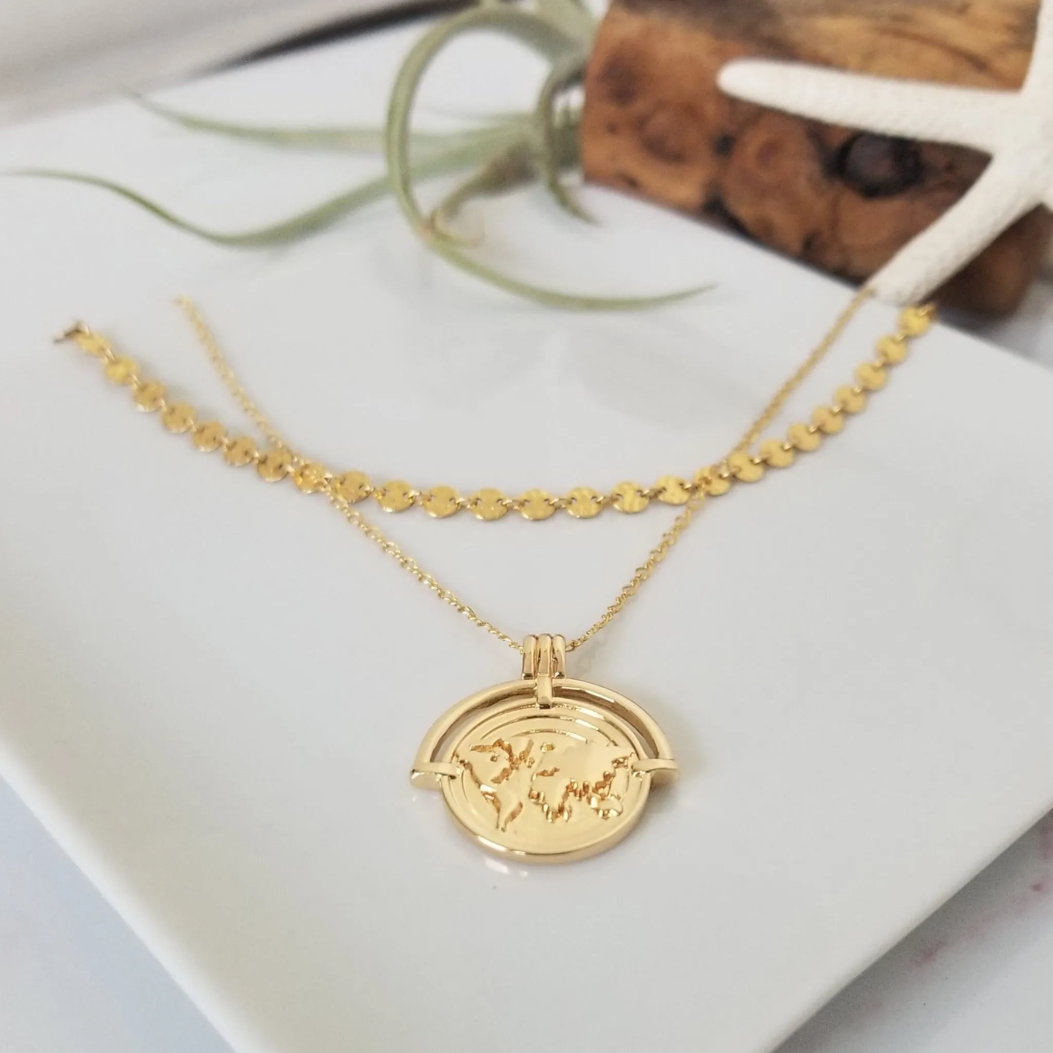 The "Aleecia" - Globe World Traveler Coin Disc Necklace - Sterling or Gold