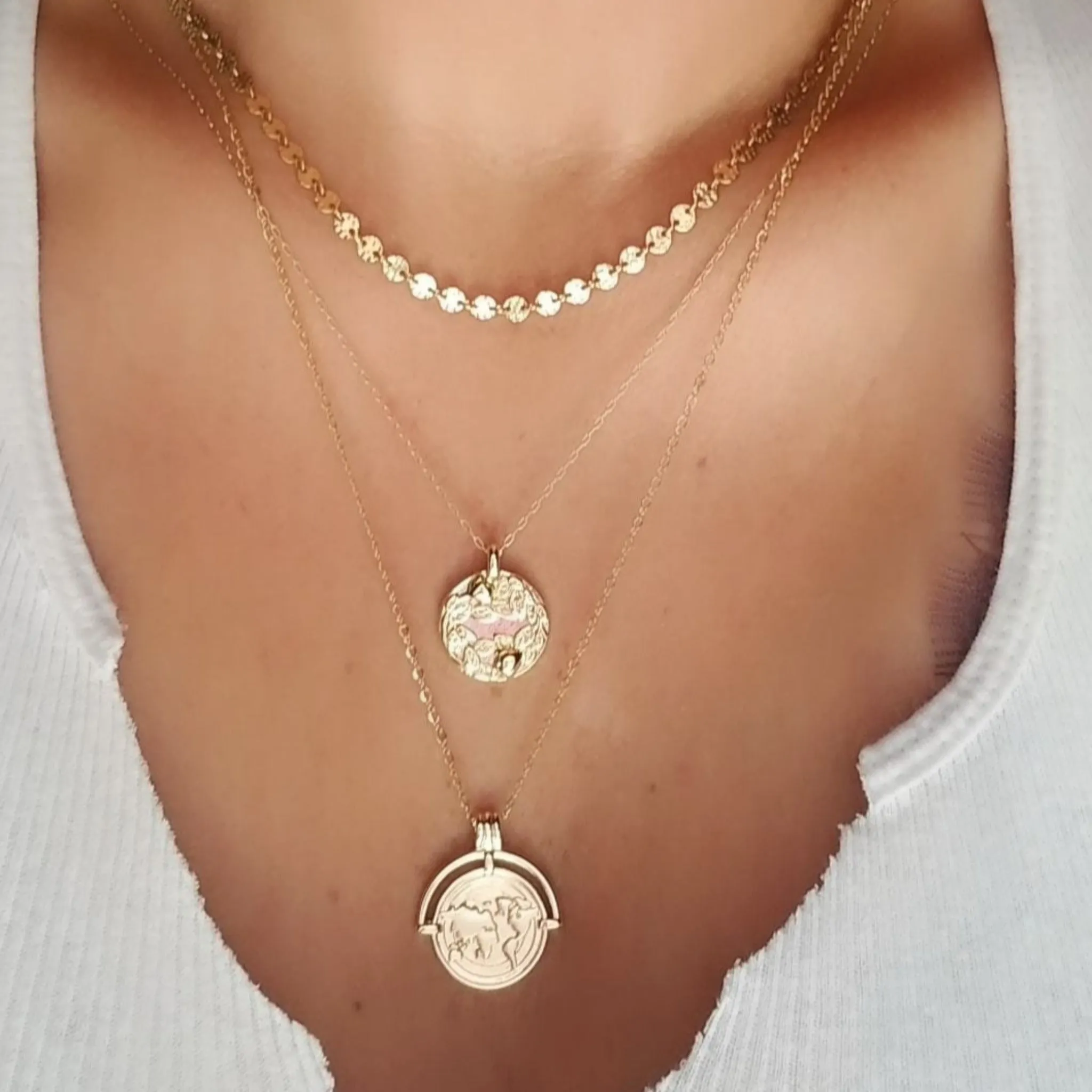 The "Aleecia" - Globe World Traveler Coin Disc Necklace - Sterling or Gold