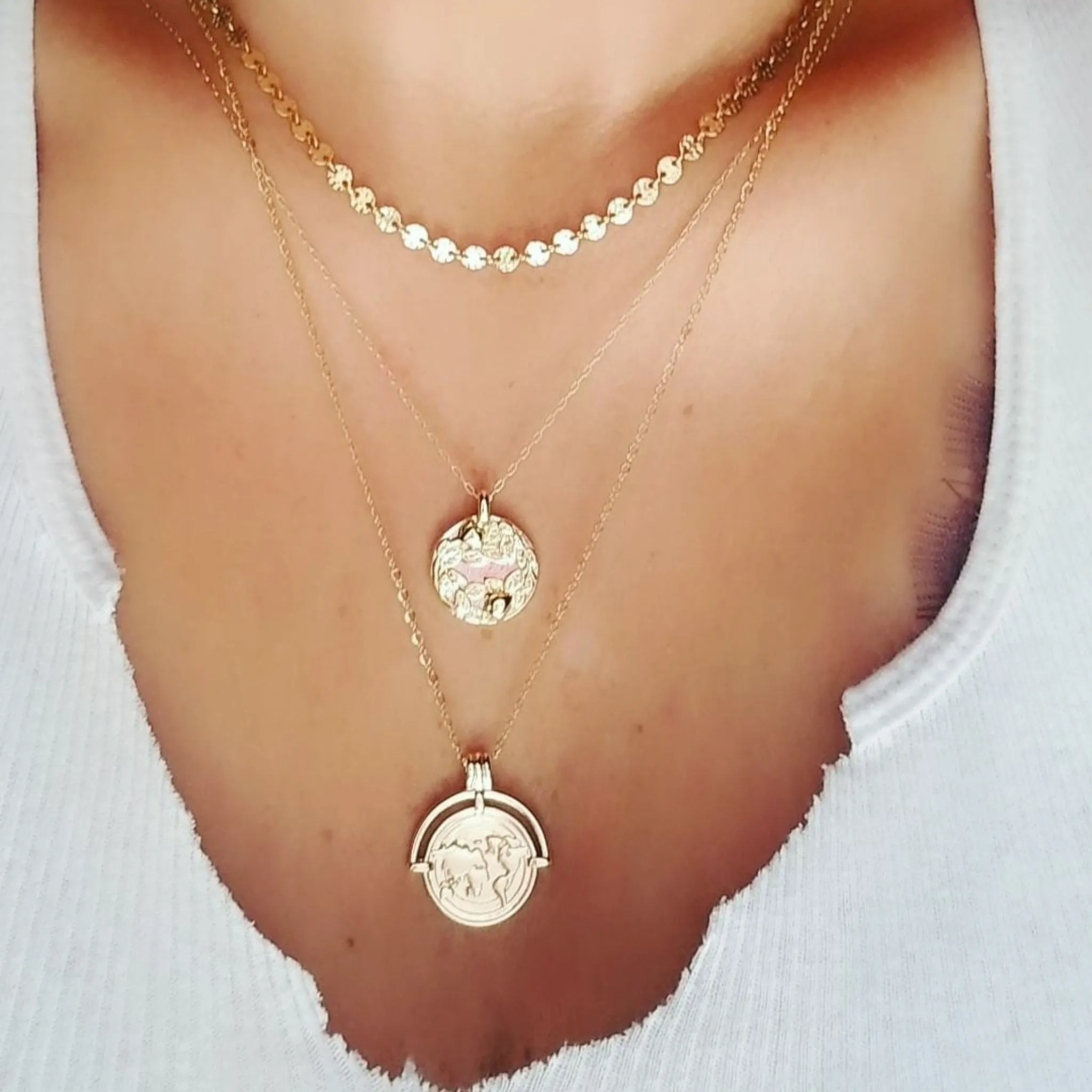 The "Aleecia" - Globe World Traveler Coin Disc Necklace - Sterling or Gold