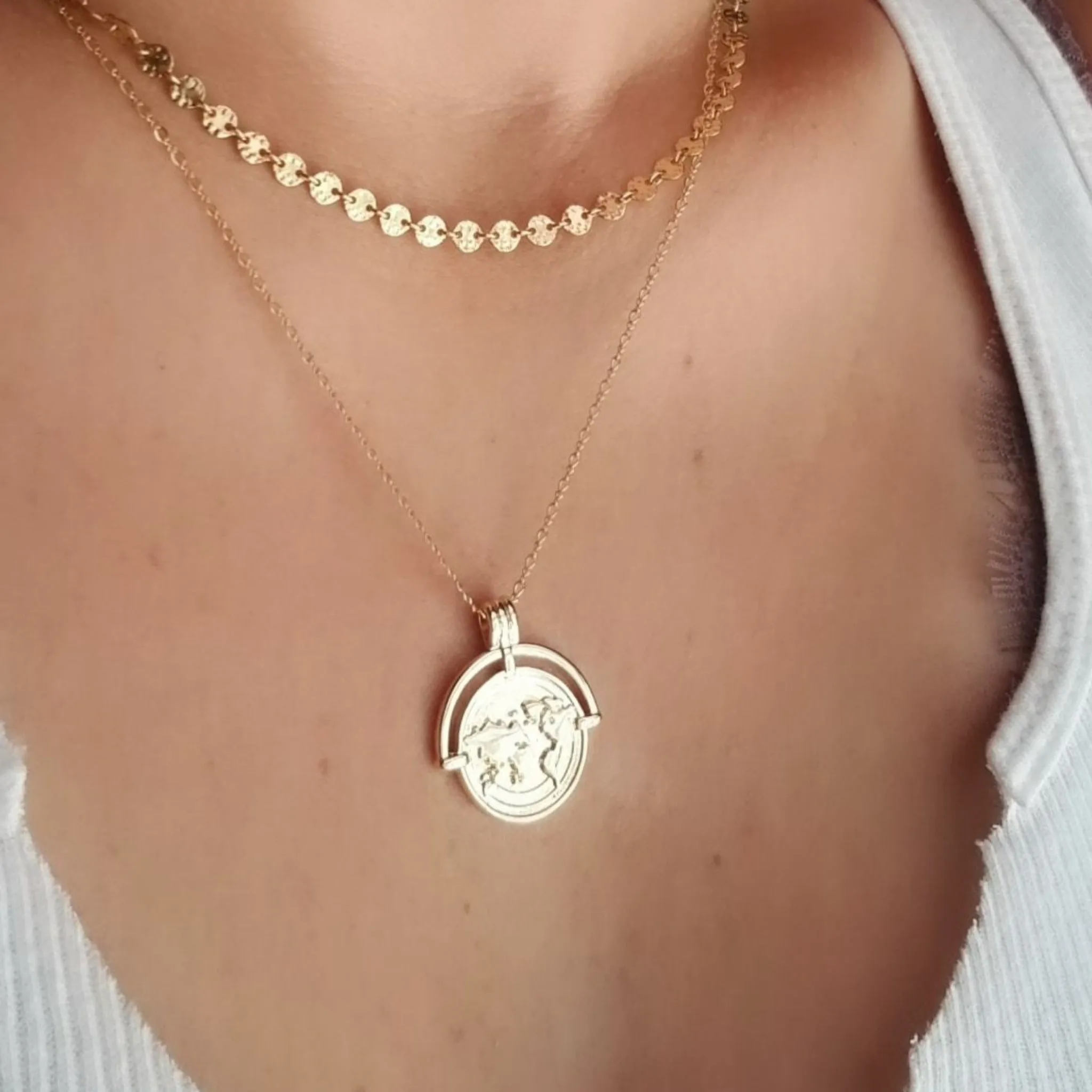 The "Aleecia" - Globe World Traveler Coin Disc Necklace - Sterling or Gold