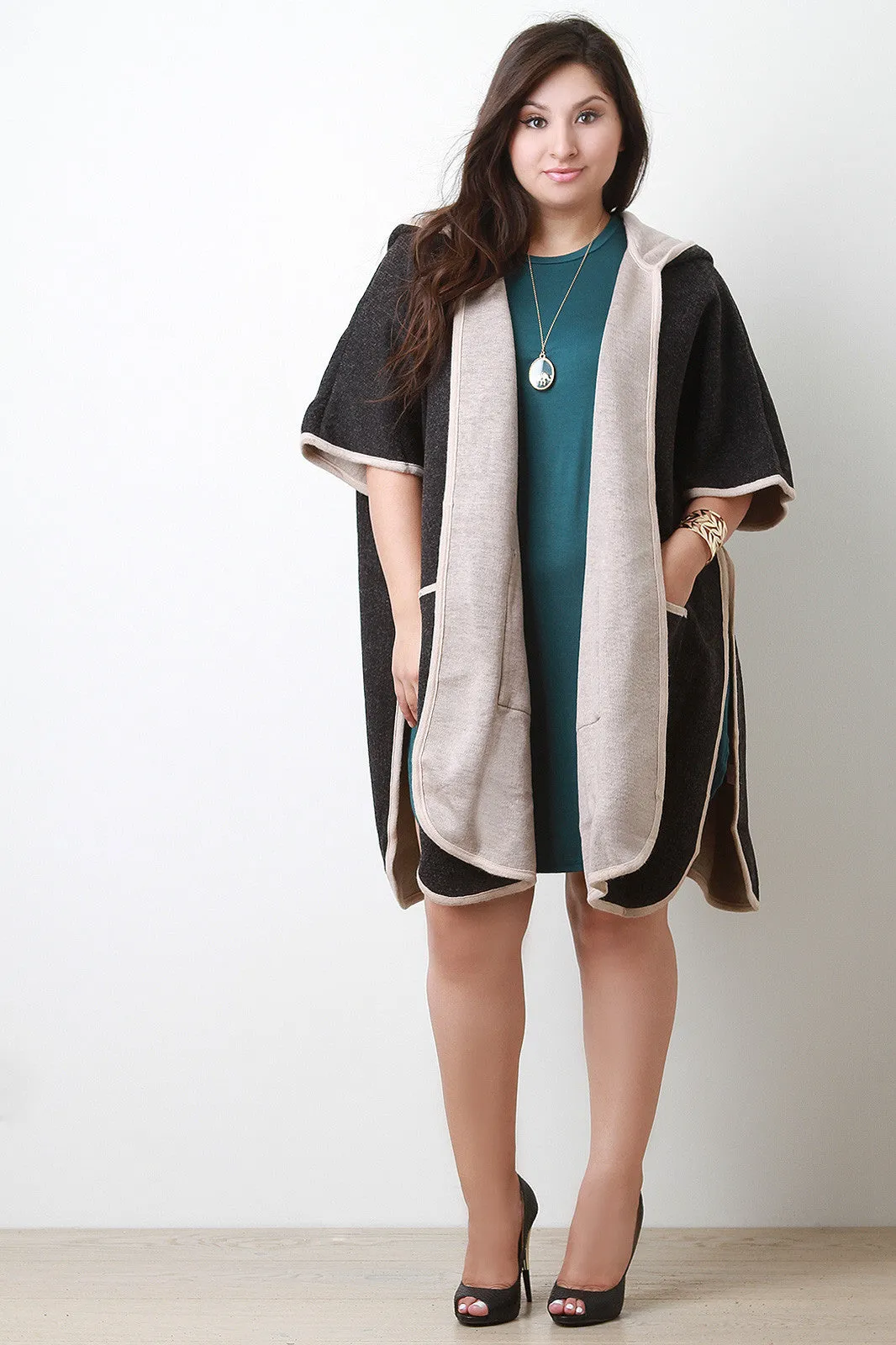 Thick Knit Hooded Front Pocket Slit Sweater Coat