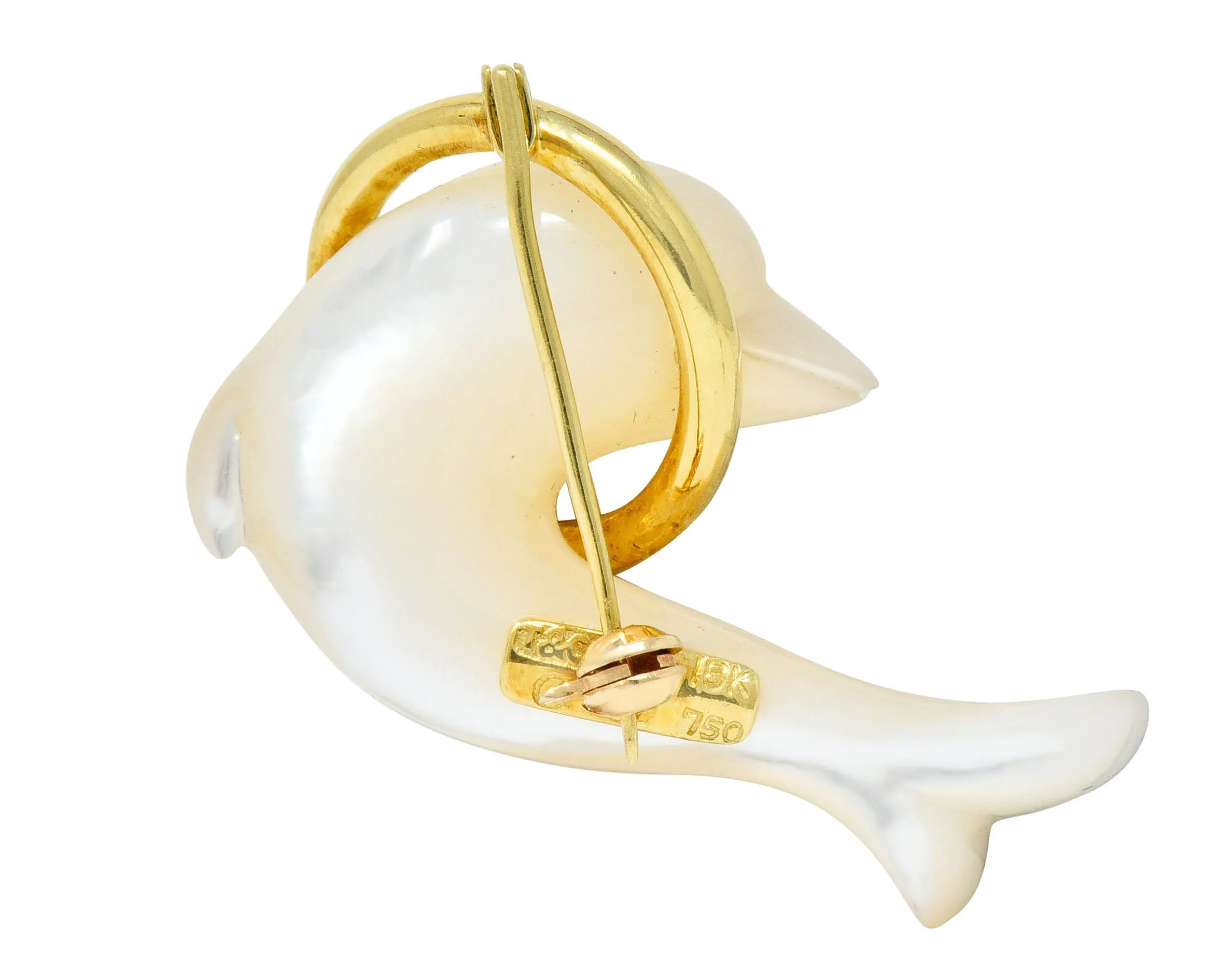 Tiffany & Co. Mother-Of-Pearl 18 Karat Gold Dolphin Brooch