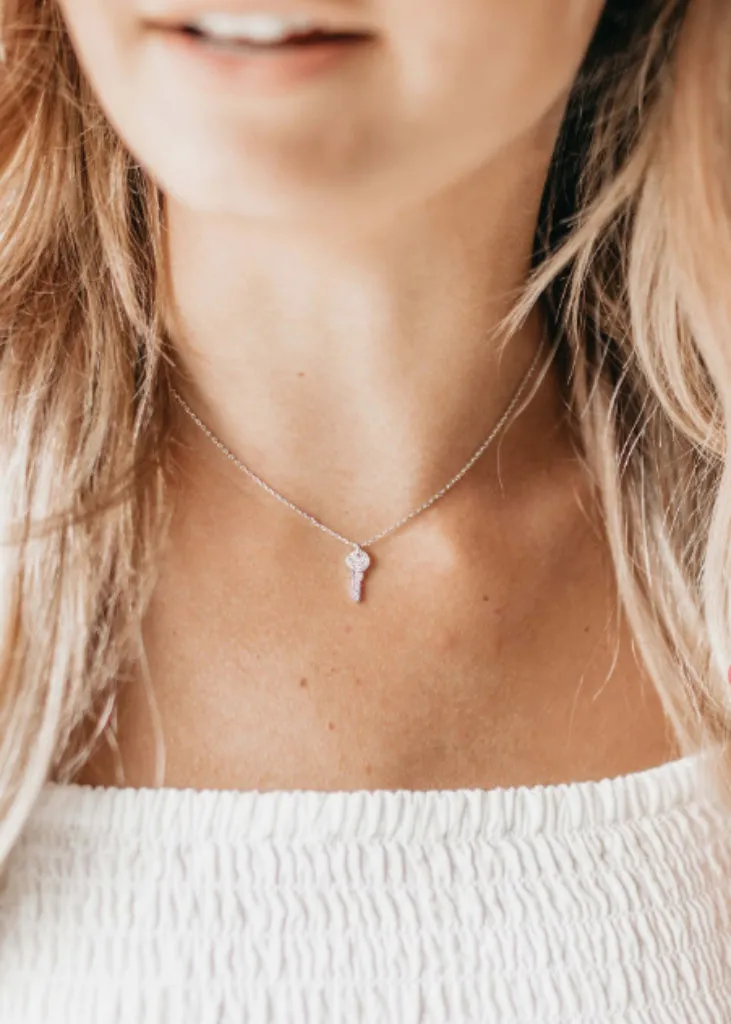 Tiny Key Necklace, Diamond Silver Key Pendant.