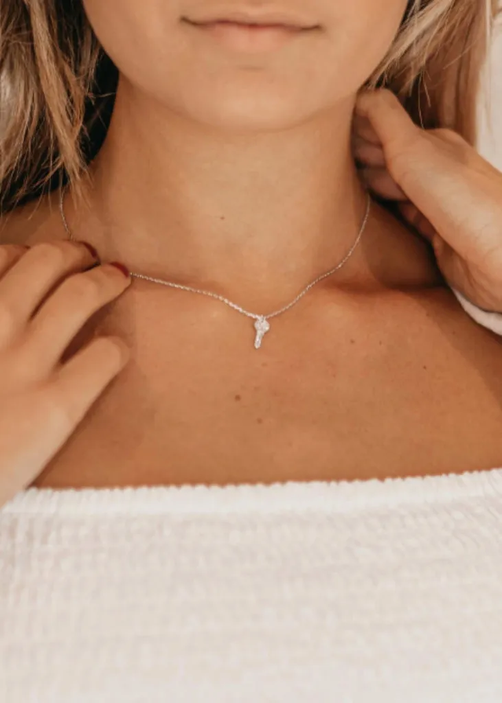 Tiny Key Necklace, Diamond Silver Key Pendant.