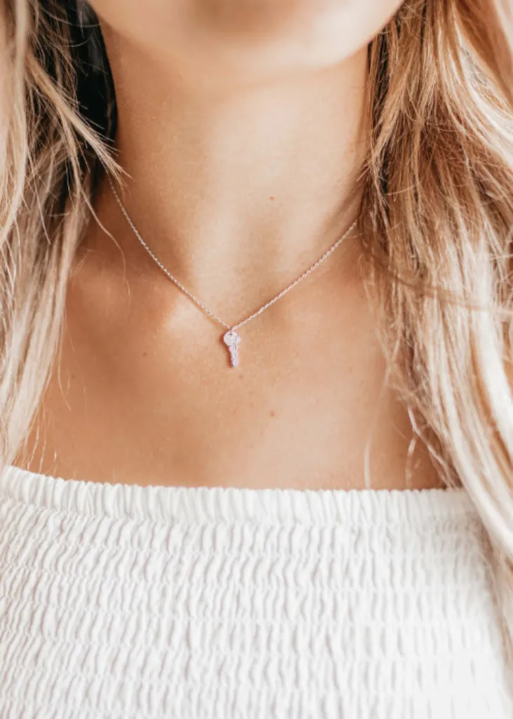 Tiny Key Necklace, Diamond Silver Key Pendant.