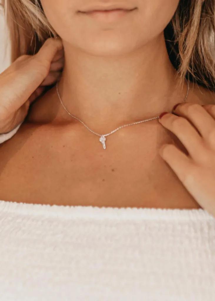 Tiny Key Necklace, Diamond Silver Key Pendant.