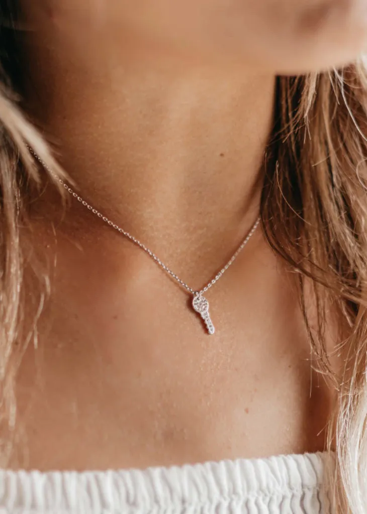 Tiny Key Necklace, Diamond Silver Key Pendant.