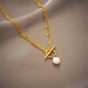 Titanium Steel Layered Necklace with Pearl