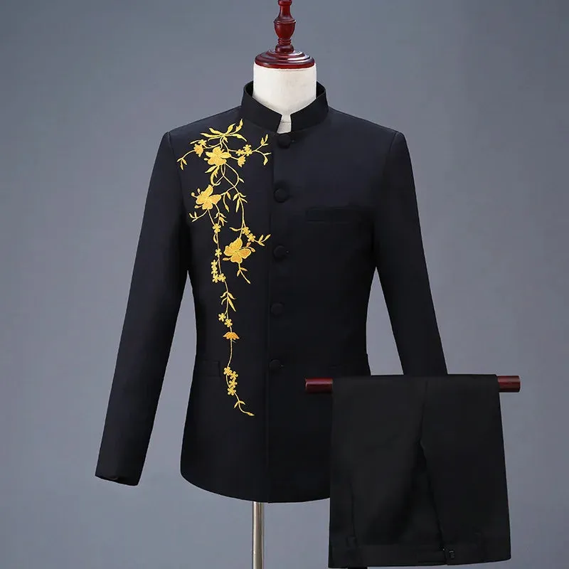 Two Pcs Set Suit Jacket Pants / 2023 Fashion Men's Casual Boutique Personalized Printing Stand Up Collar Chinese Tunic Blazers