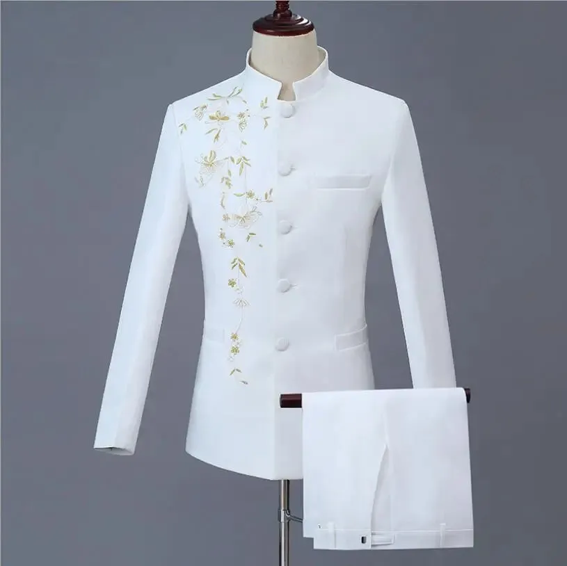 Two Pcs Set Suit Jacket Pants / 2023 Fashion Men's Casual Boutique Personalized Printing Stand Up Collar Chinese Tunic Blazers