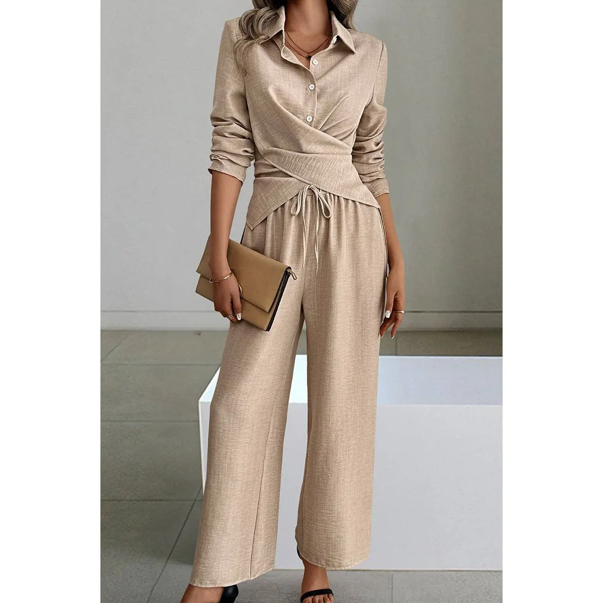 TWO PIECE SOLID COLORED COLLARED BUTTON UP TIE SET
