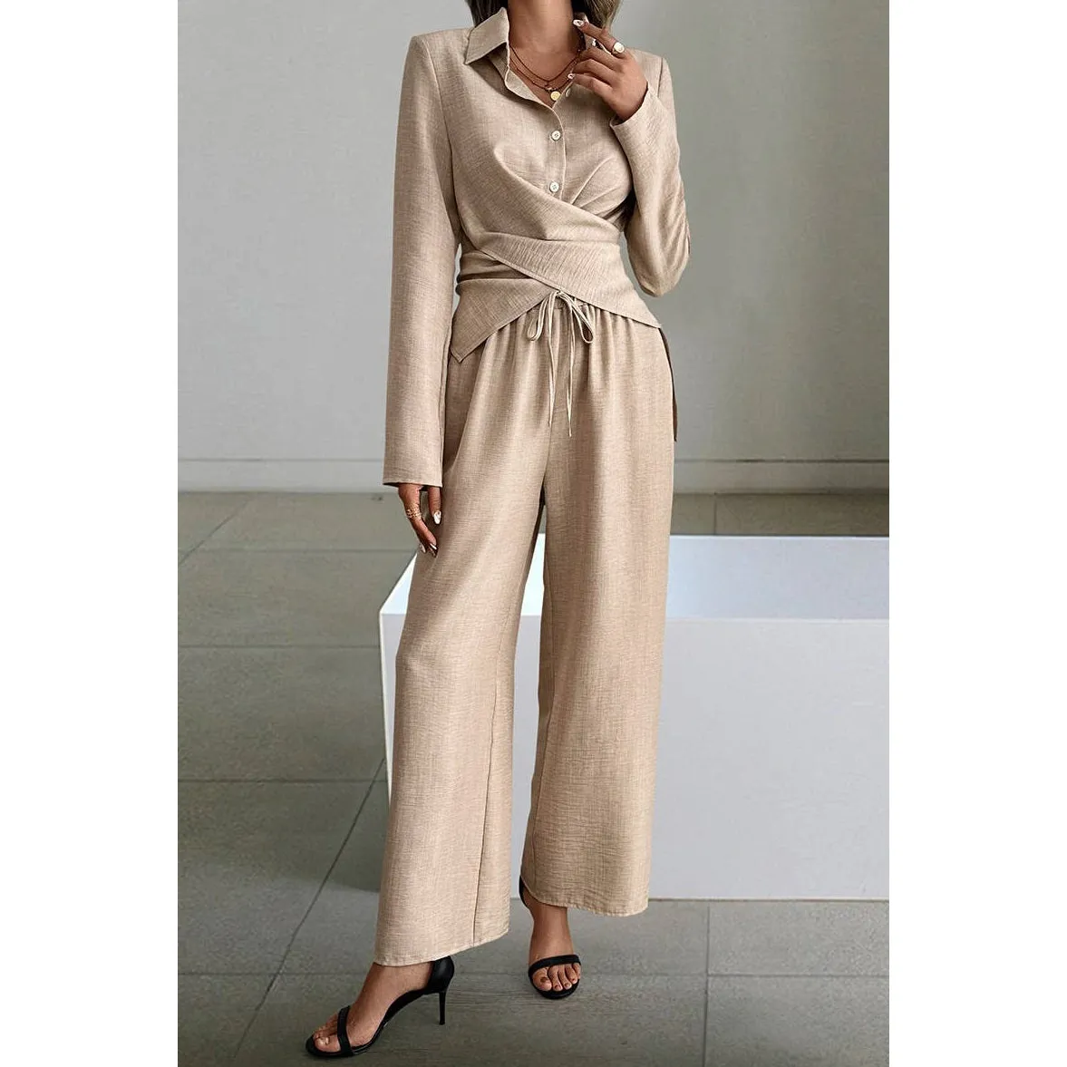 TWO PIECE SOLID COLORED COLLARED BUTTON UP TIE SET