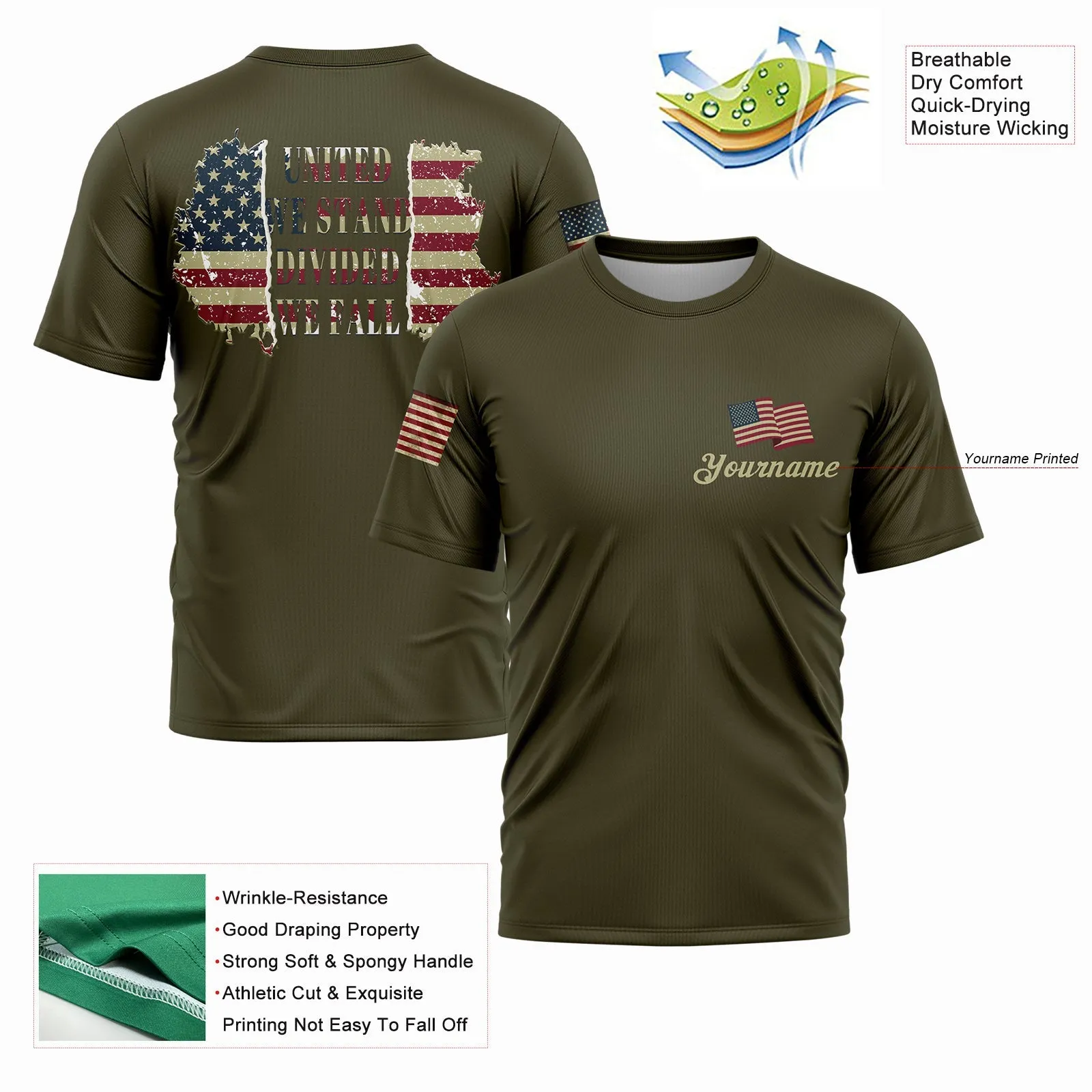United We Stand Divided We Fall Custom Olive American Patriot Name T-Shirt