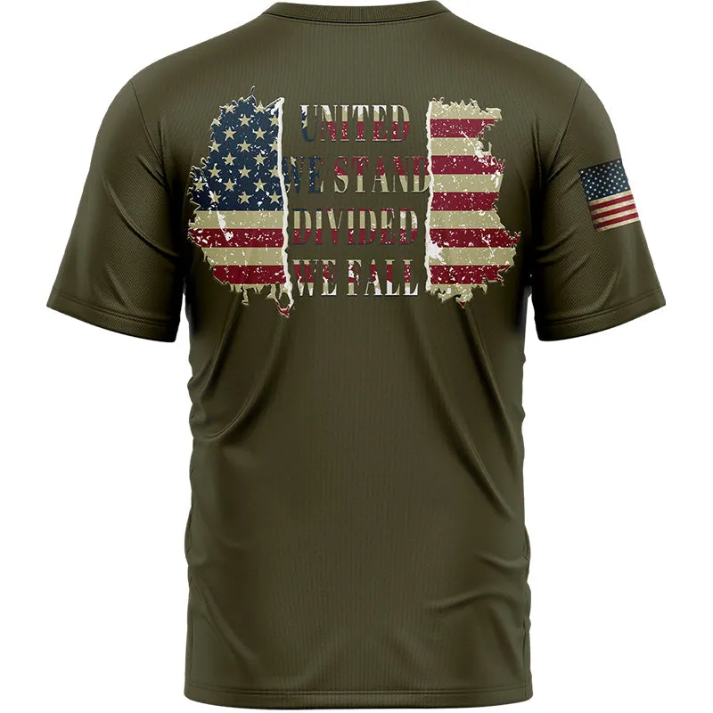 United We Stand Divided We Fall Custom Olive American Patriot Name T-Shirt