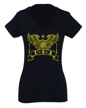 USA Military Eagle American Proud United States of America U.S. For Women V neck fitted T Shirt