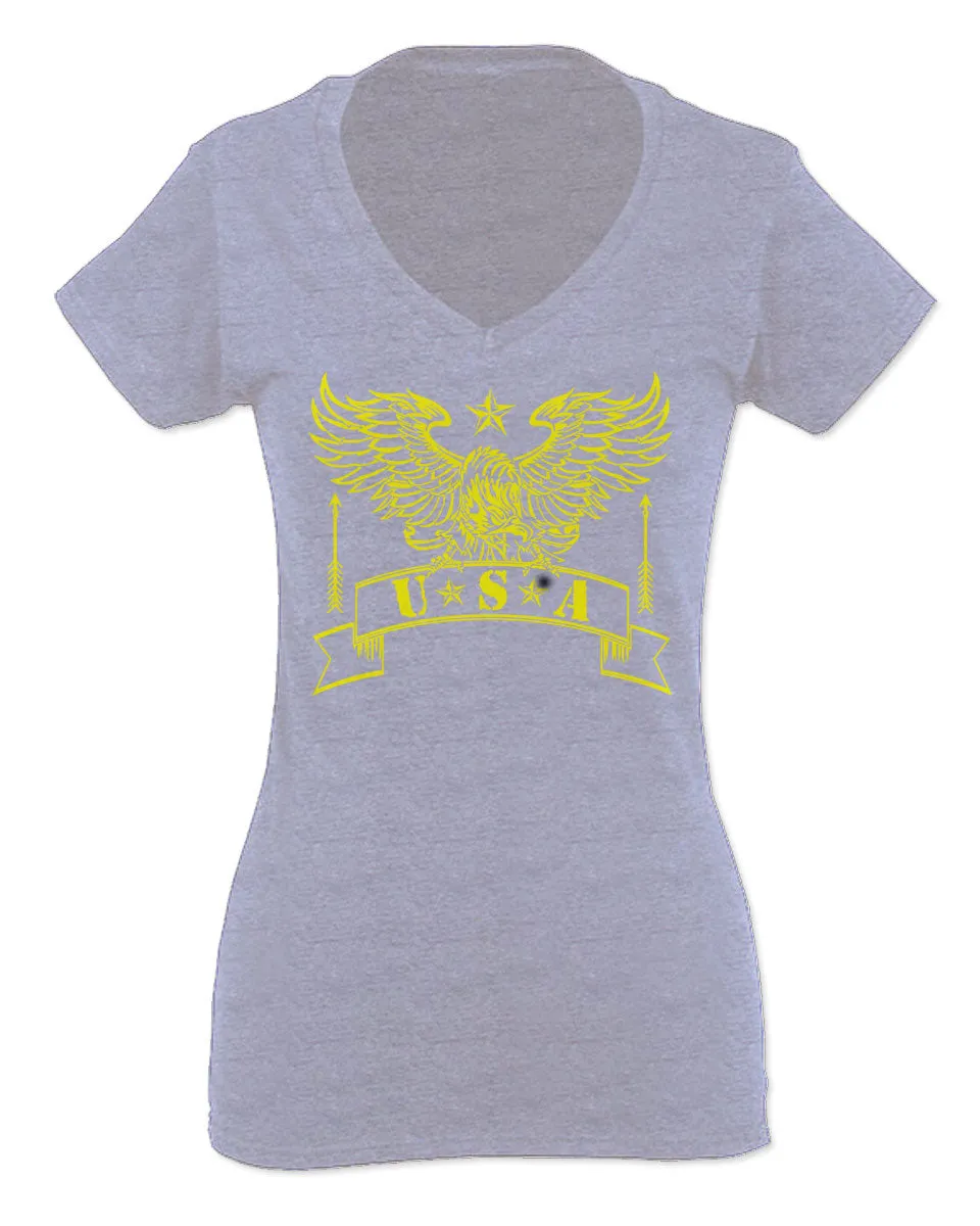 USA Military Eagle American Proud United States of America U.S. For Women V neck fitted T Shirt