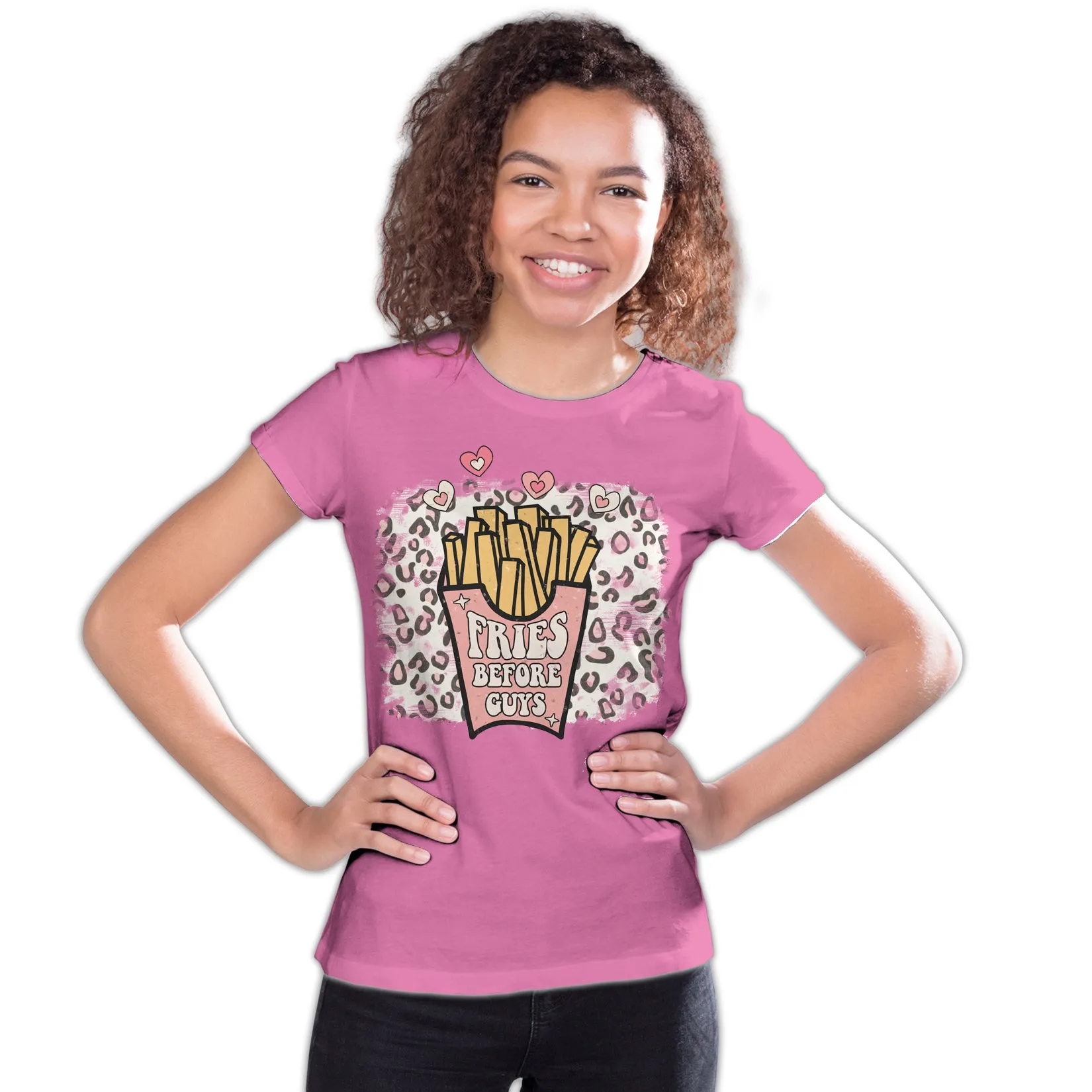 Valentine Retro Fries Before Guys Leopard Print Love Youth T-shirt