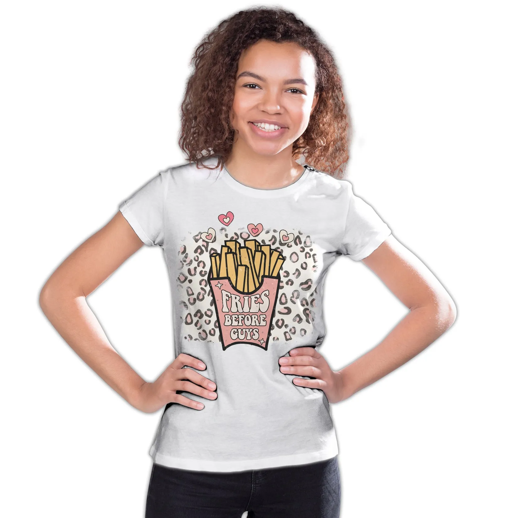 Valentine Retro Fries Before Guys Leopard Print Love Youth T-shirt