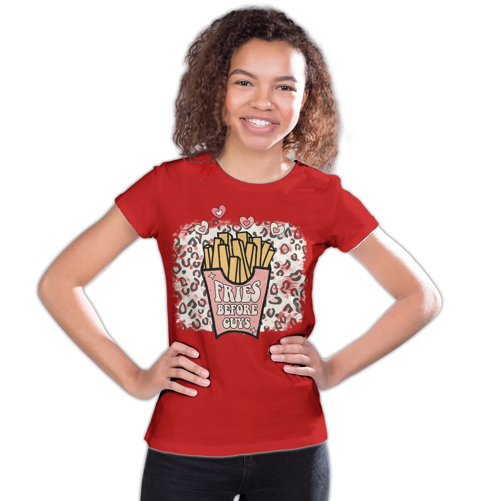 Valentine Retro Fries Before Guys Leopard Print Love Youth T-shirt