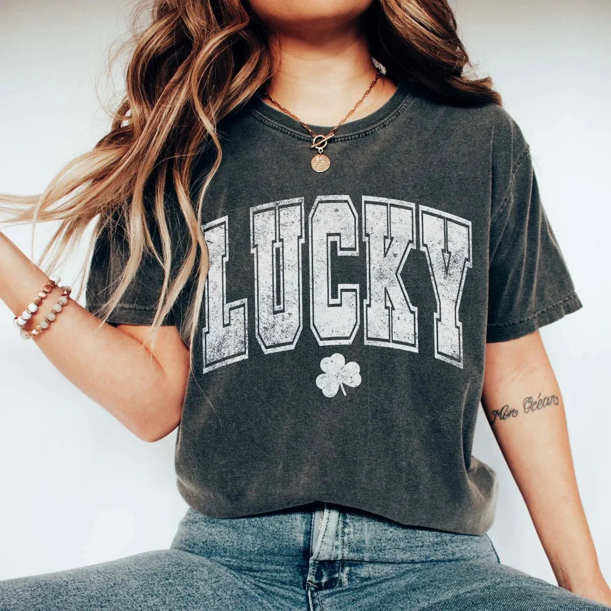 Varsity Letter Lucky Shamrock Comfort Color Tee