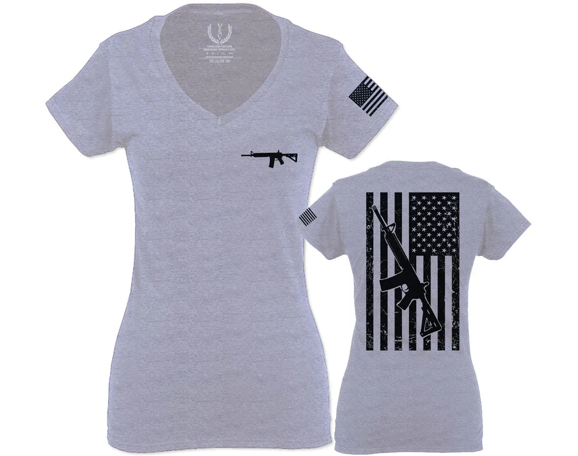 VICES AND VIRTUES Second Amendment Support American Flag Gun ar 15 Rights For Women V neck fitted T Shirt
