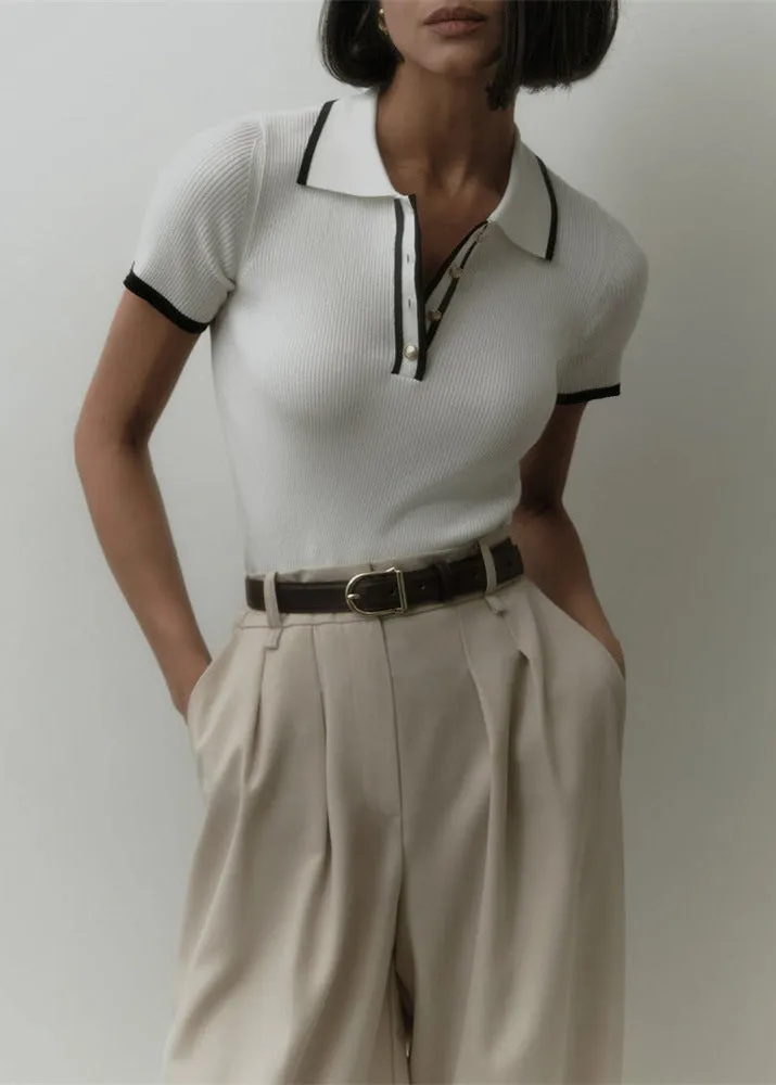 Vienna Line - Ribbed Knit Polo Top with Contrast Trim