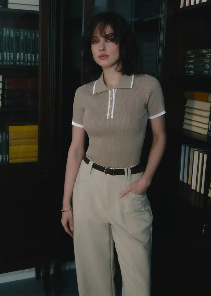 Vienna Line - Ribbed Knit Polo Top with Contrast Trim