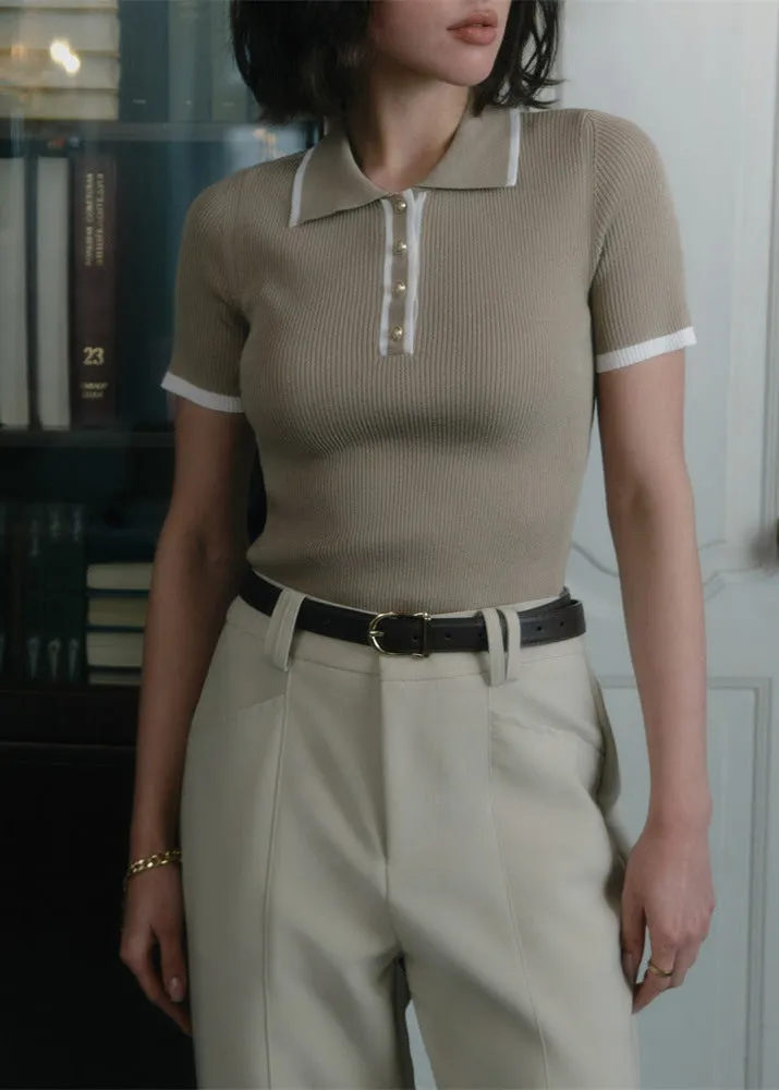 Vienna Line - Ribbed Knit Polo Top with Contrast Trim