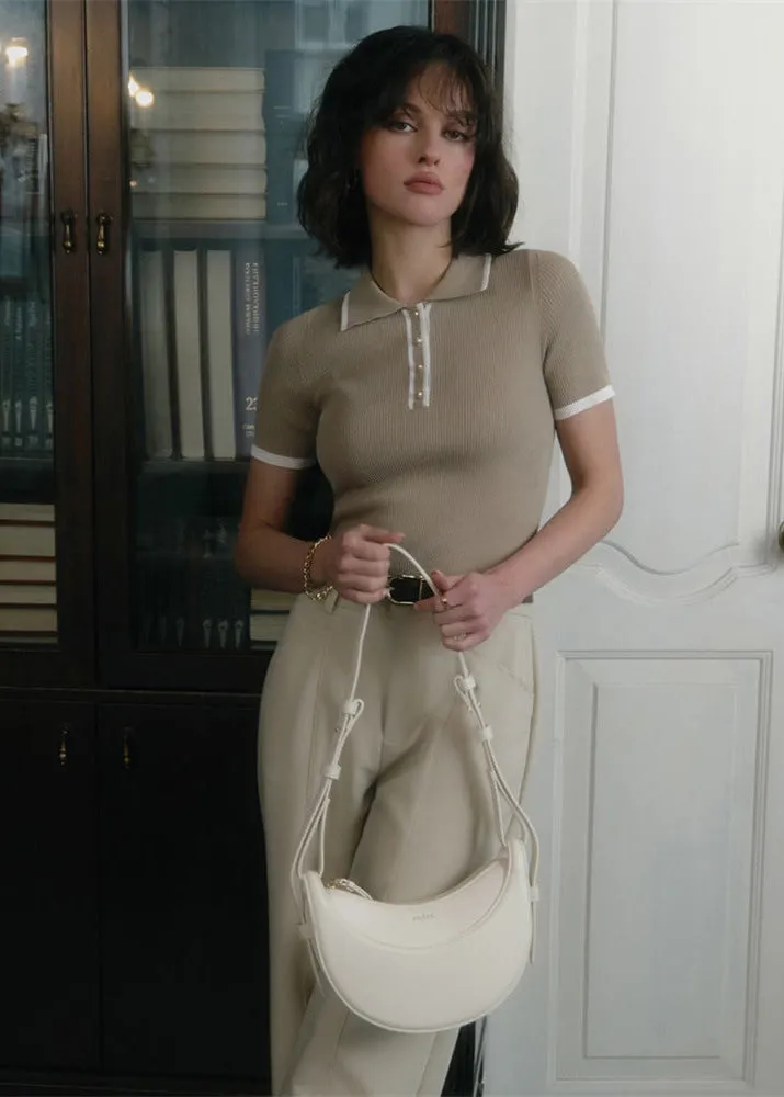 Vienna Line - Ribbed Knit Polo Top with Contrast Trim